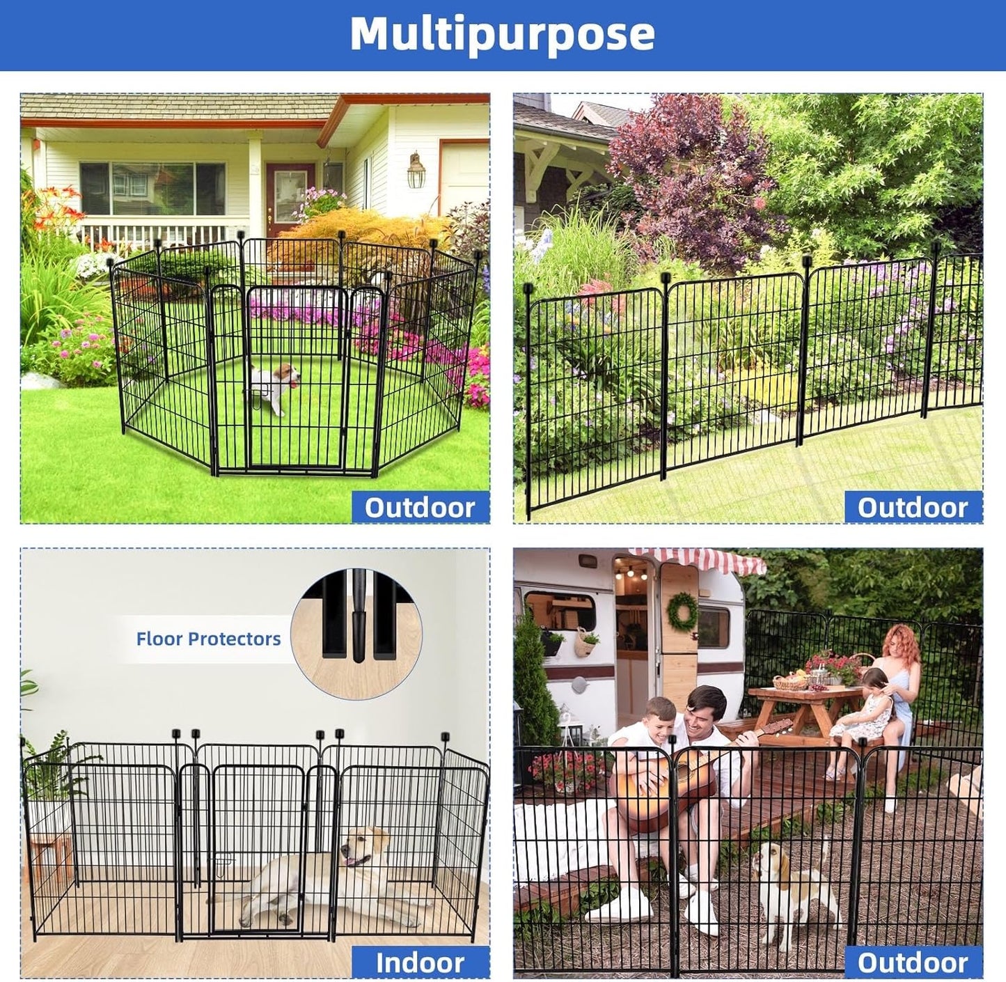 ADAVIN Tall Garden Fence with Gate, 48 in(H) 8 Panels Heavy Duty Iron Metal Animal Barrier Fence, Indoor Dog Playpen, Temporary Fencing, Dog Fence Outdoor for Yard, Total17.7 Ft(L), Black