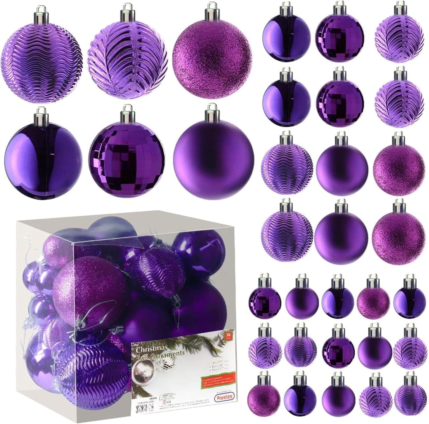 PREXTEX 36-Piece Purple Christmas Ornaments Set - Shatterproof Plum Colored Tree Balls - 6 Styles, 3 Sizes with Hanging Loops to Decorate Christmas Tree - Ideal for Indoor and Outdoor Holiday Decor