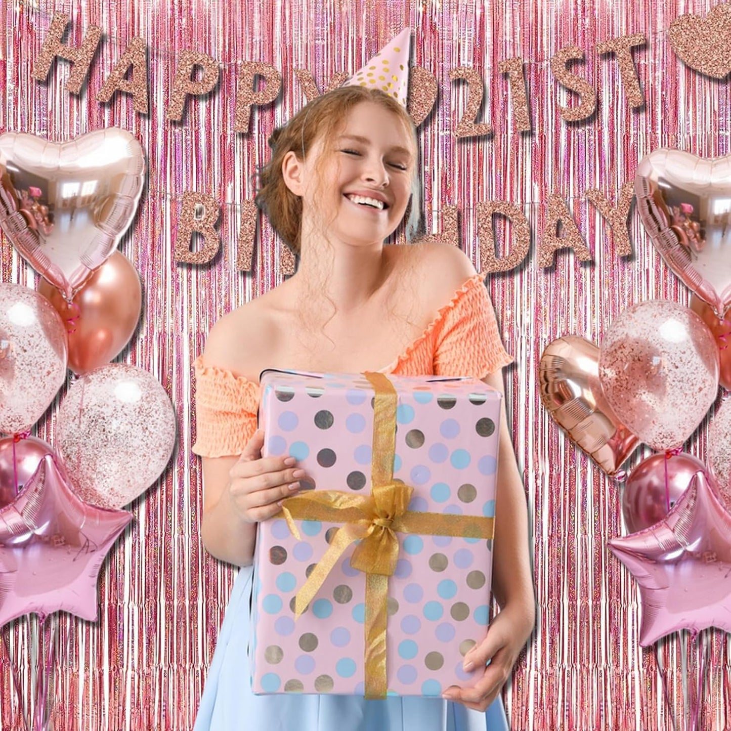 BRAVESHINE Rose-Gold Tinsel Foil Fringe Curtains - 2Pcs 3.2x8.2ft Metallic Holiday Photo Booth Backdrop Party Supplies for Birthdays Valentines Day Bridal Shower Bachelorette Engagement Party