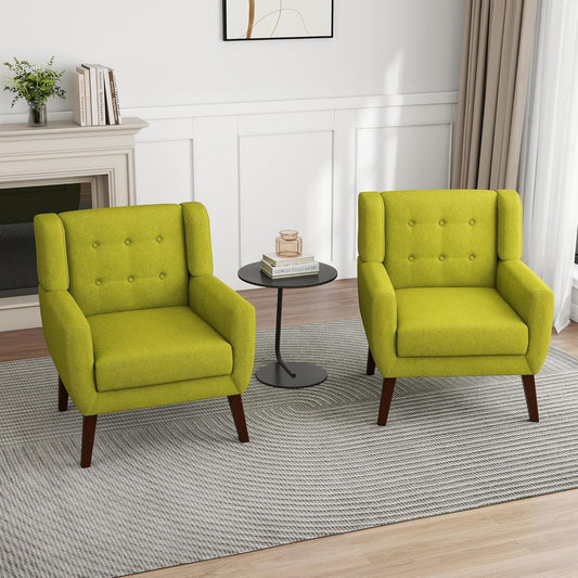 UIXE Accent Chairs Set of 2, Modern Upholstered Arm Chair, Mid-Century Club Armchair Comfy Single Lounge Sofa Button Tufted Living Room Reading Seat Bedroom Side Sitting for Home Office,Green