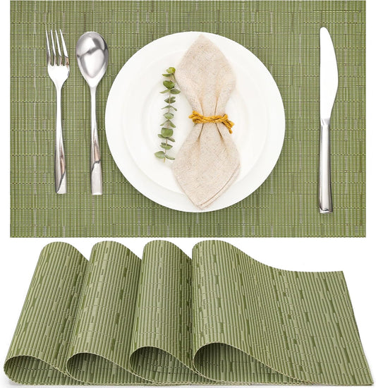 Myir JUN Placemats Set of 4, Vinyl Woven Placemats Place Mats Indoor Set of 4 Washable Table Mats Non-Slip Place mats for Dining Table (Green, Set of 4)