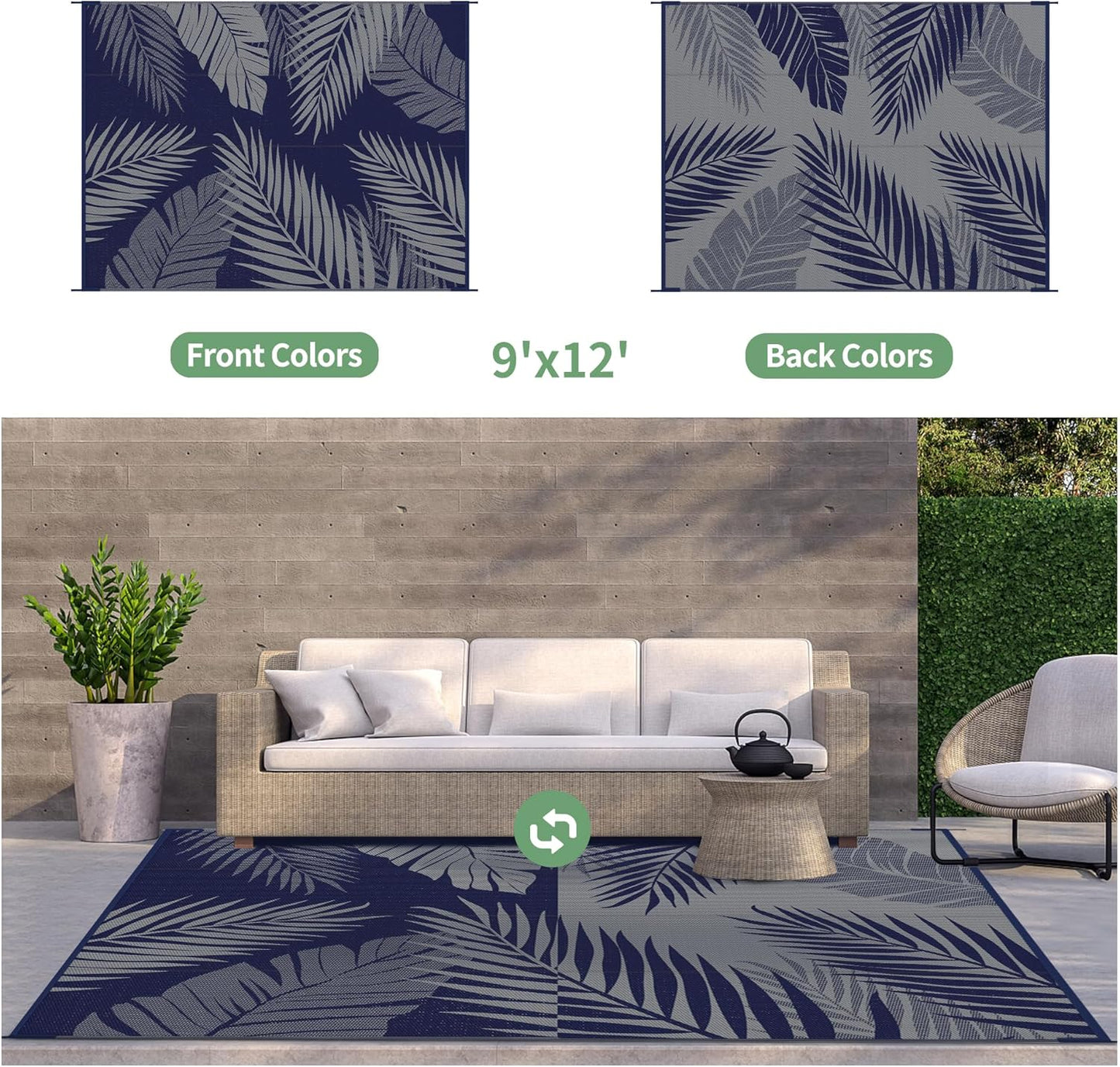 GENIMO Outdoor Rug 9' x 12' Waterproof for Patios Clearance, Reversible Outdoor Plastic Straw Camping Rug Carpet, Large Area Rugs Mats for RV, Camper, Deck, Balcony, Porch, Beach, Navy Blue&Grey