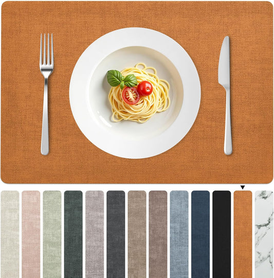 FROMHEART Faux Leather Placemats Set of 4–Waterproof,Heat/Oil Stain-Resistant PU Table Mat–Reversible,Non-Slip,Easy to Clean Place Mats for Kitchen,Dining,Indoor/Outdoor,(Orange-Grey,11.8" x 17")