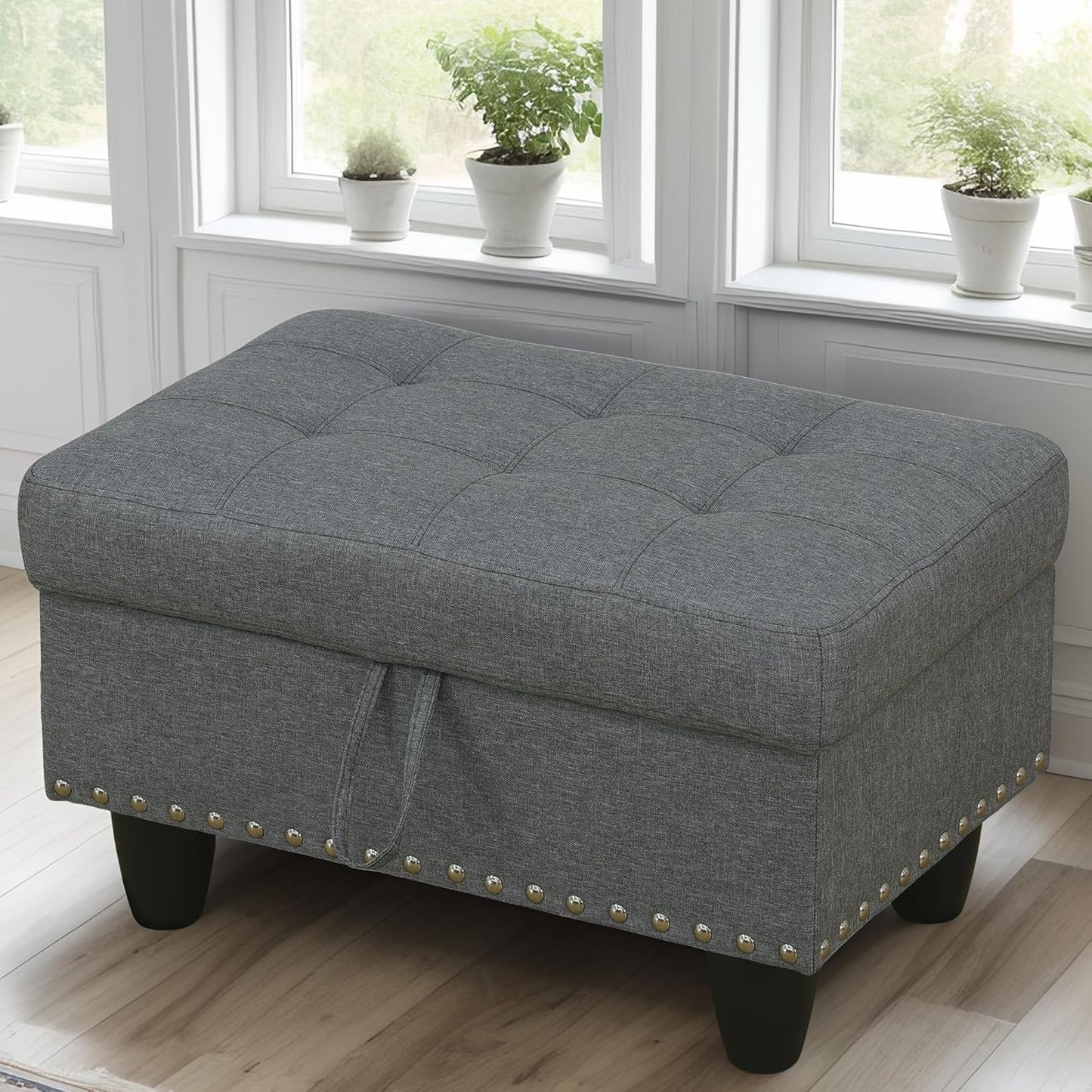 Ottoman Rectangular Storage Ottoman Bench, Flannel Footrest Stool Footstool with Lid for Living Room, Bedroom, Entryway, Light Gray, 28.5"x19"x17.5"