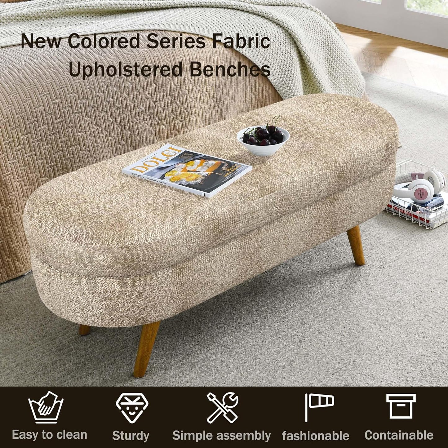 Oval Storage Bench 43.5" Linen Fabric Upholstered Entryway Bench with Solid Wood Legs Ottoman Bench Indoor Bench for Living Room/Bedroom/End of Bed/Entryway (Brown)