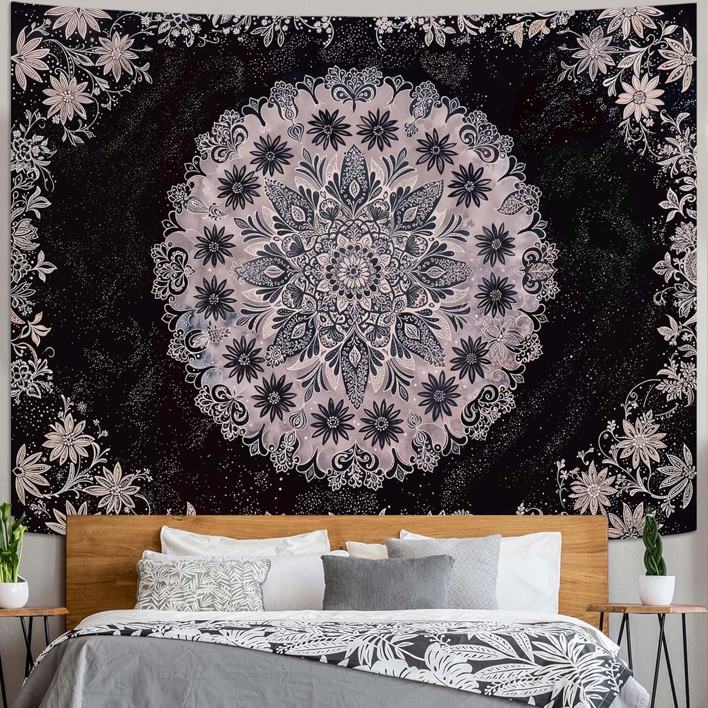 Fowocu Boho Floral Mandala Tapestry Wall Hanging Grey Bohemian Flower Medallion Tapestry Aesthetic Gray Black Hippie Indian Small Tapestries for Bedroom Living Room Dorm Decor 60 x 44 Inch