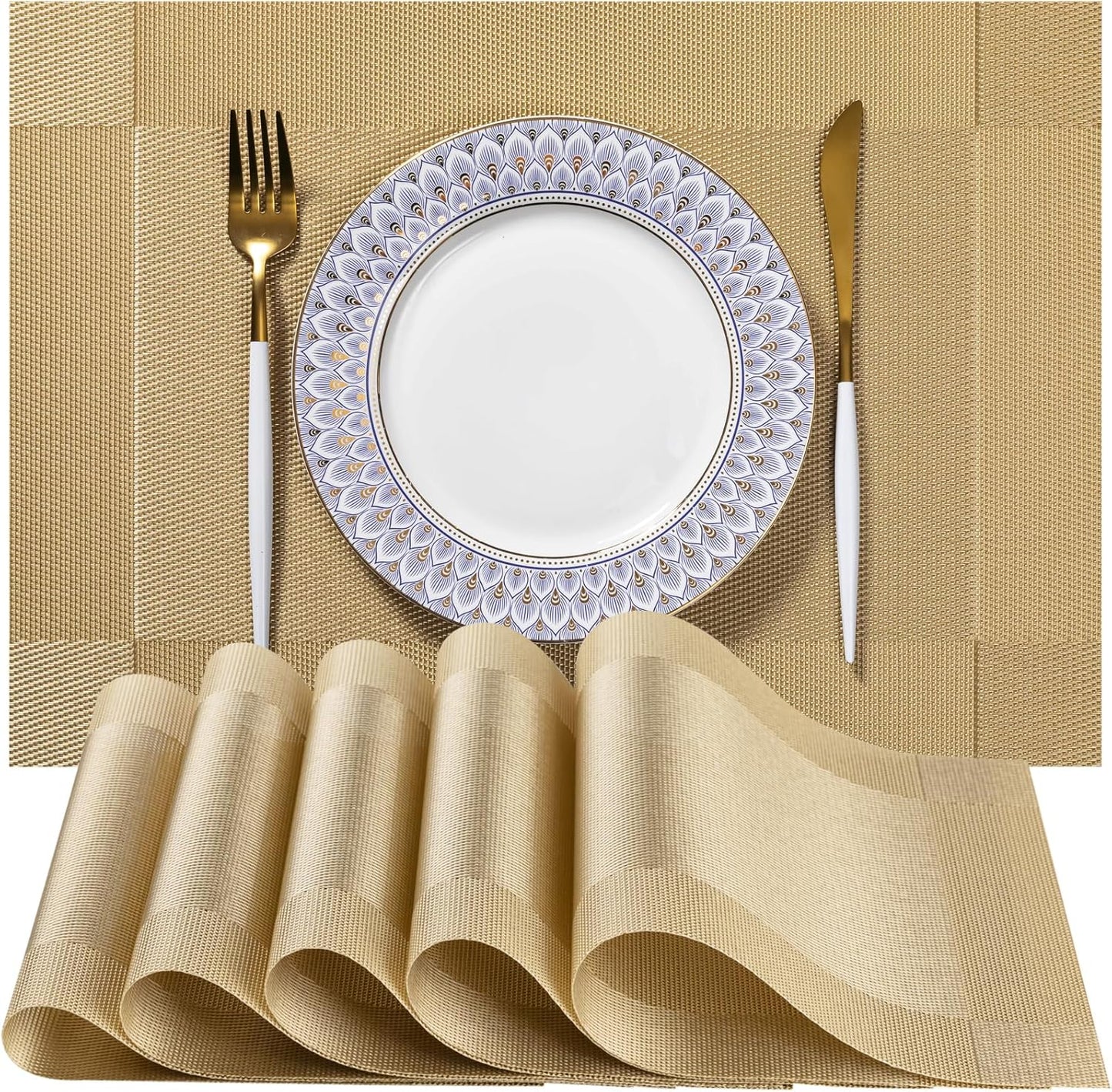 LEXMORE Placemats Set of 6 Vinyl/Plastic Woven Place Mats for Kitchen Table Indoor/Outdoor Washable Placemat Wipeable Dining Table Mats(Gold Cube)