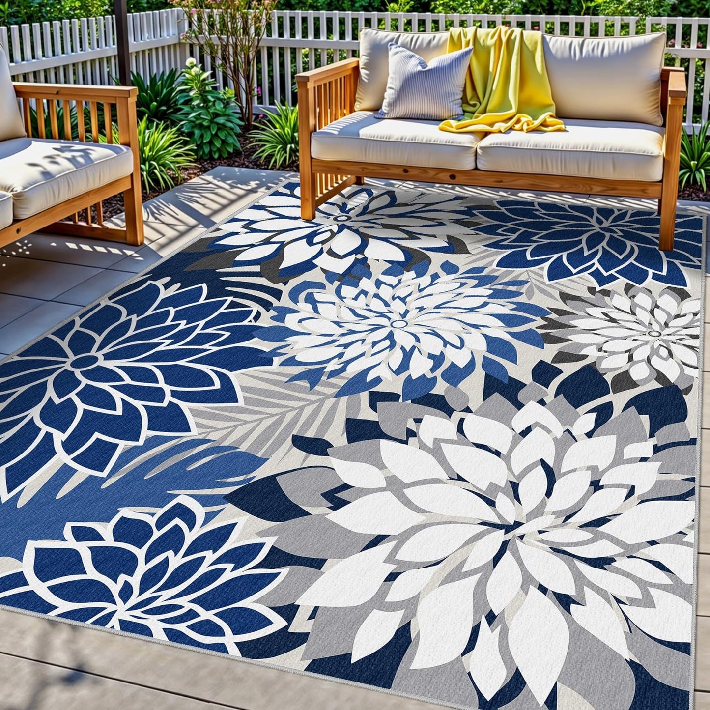 Indoor Outdoor Area Rug Washable Multicolored Patio Rug Tropical Botanical Modern Floral Indoor Outdoor Carpet Blue White Rug Non Slip for Patio, Deck, Backyard, Porch (9x12)