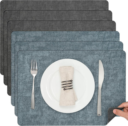 Myir JUN Dual Sided Placemats, Faux Leather Set of 6 Indoor & Outdoor Square Non-Slip Table Mats (Gray Light Blue, Set of 6)