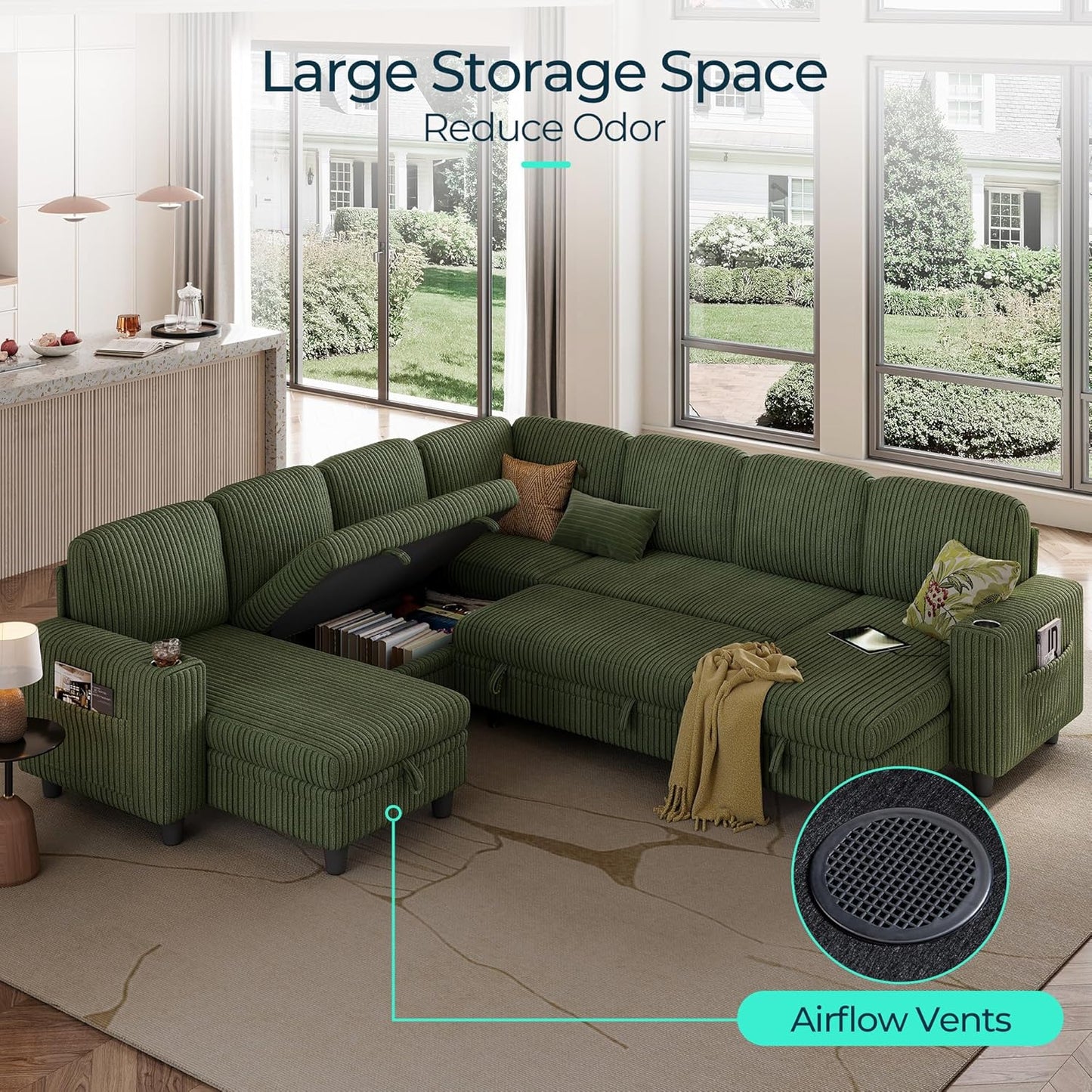 LINSY HOME Sectional Sleeper Sofa with Pull Out Couch Bed - Convertible Plush Corduroy Cloud Couch with Storage Chaise & USB Charging, Comfy Modular Couches for Living Room, Green