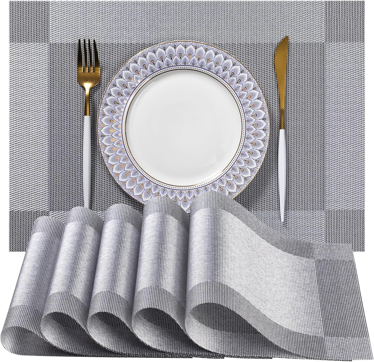 LEXMORE Placemats Set of 12 Vinyl/Plastic Woven Place Mats for Kitchen Table Indoor/Outdoor Washable Placemat Wipeable Dining Table Mats(G-Silver Cube)