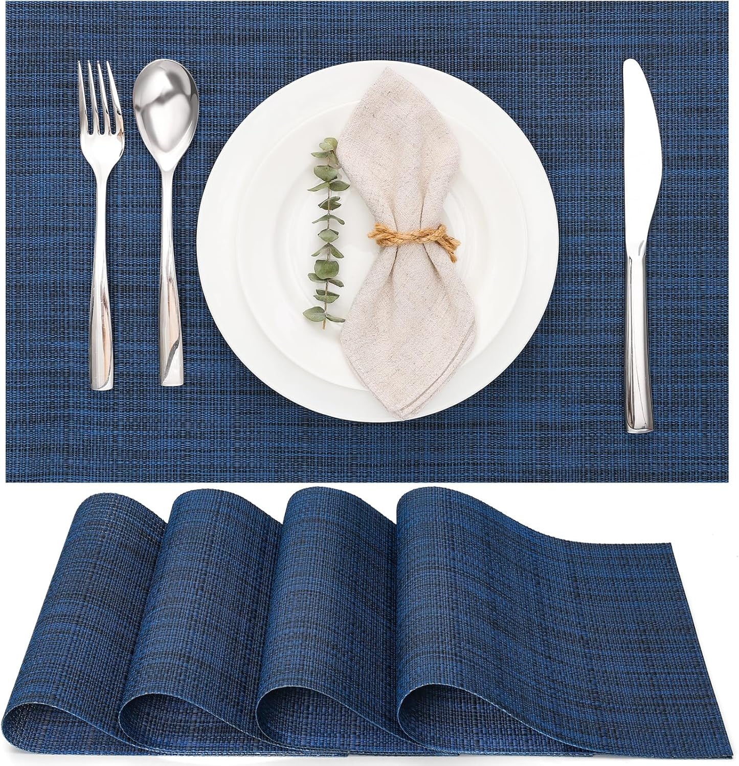 Myir JUN Placemats Set of 4, Vinyl Woven Placemats Place Mats Indoor Set of 4 Washable Table Mats Non-Slip Place mats for Dining Table (Dark Blue, Set of 4)