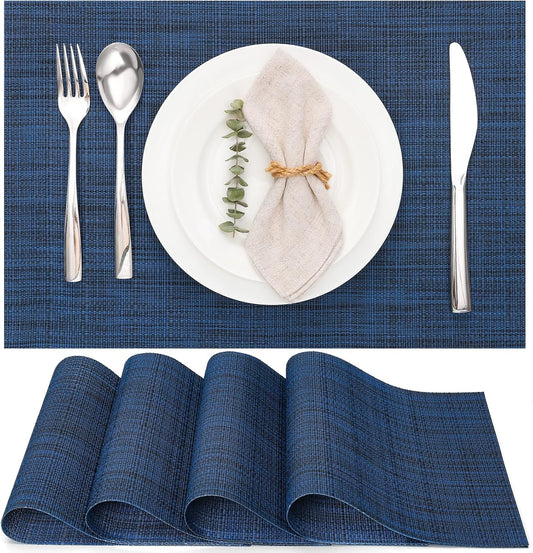 Myir JUN Placemats Set of 4, Vinyl Woven Placemats Place Mats Indoor Set of 4 Washable Table Mats Non-Slip Place mats for Dining Table (Dark Blue, Set of 4)
