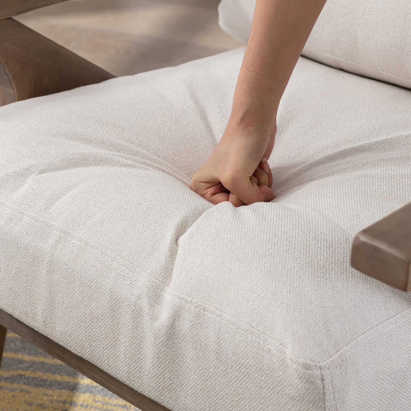 chairus 2 Sets Mid-Century Modern Accent Chairs with Ottoman, Linen Fabric Armchair with Wood Legs Comfy Upholstered Single Sofa Chair for Living Room/Bedroom/Lounge, White