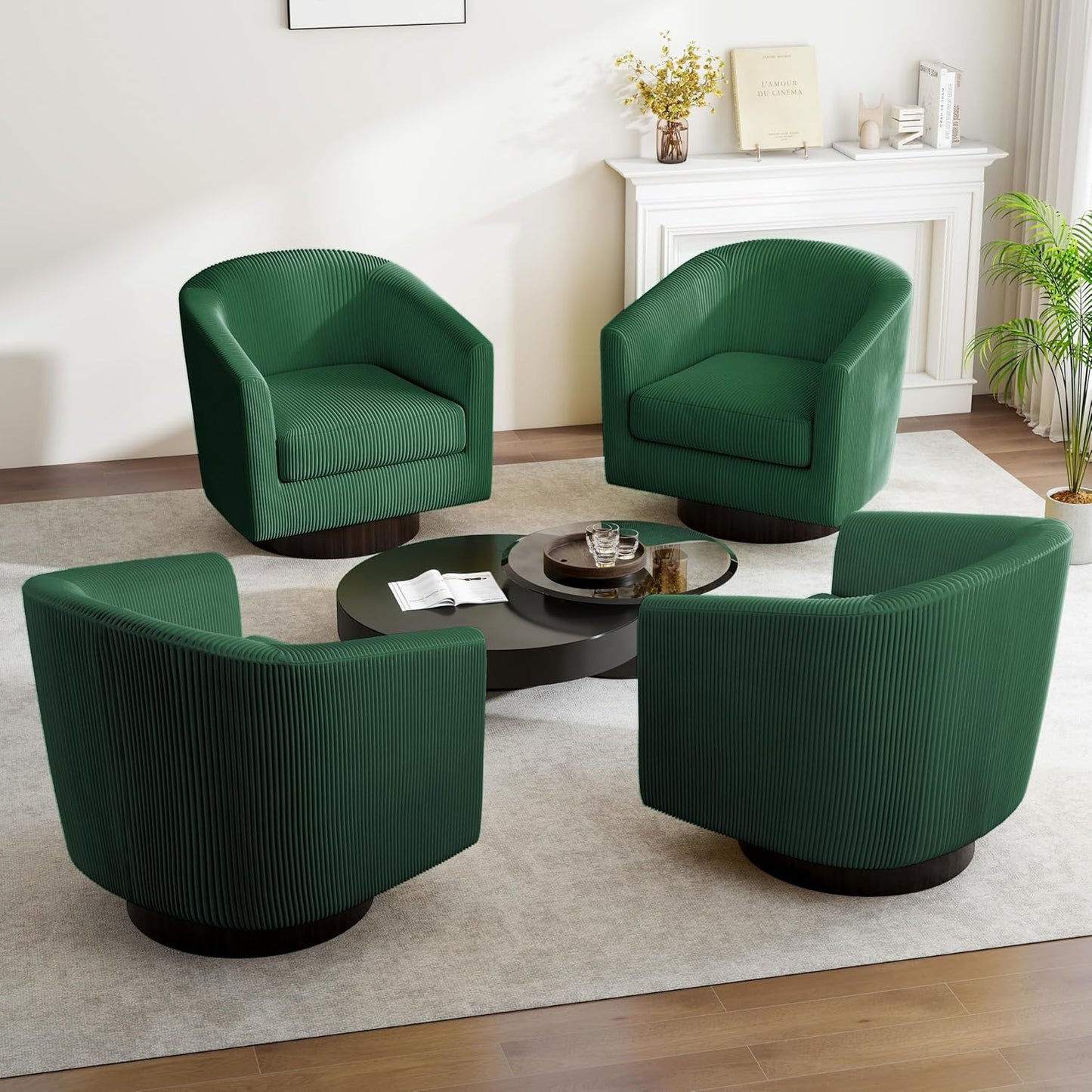 Swivel Barrel Accent Chair, Modern Round Corduroy Fabric Arm Chair for Living Room, Bedroom, Comfy Club Reading Chairs for Adults (Corduroy Dark Green, Set of 4)
