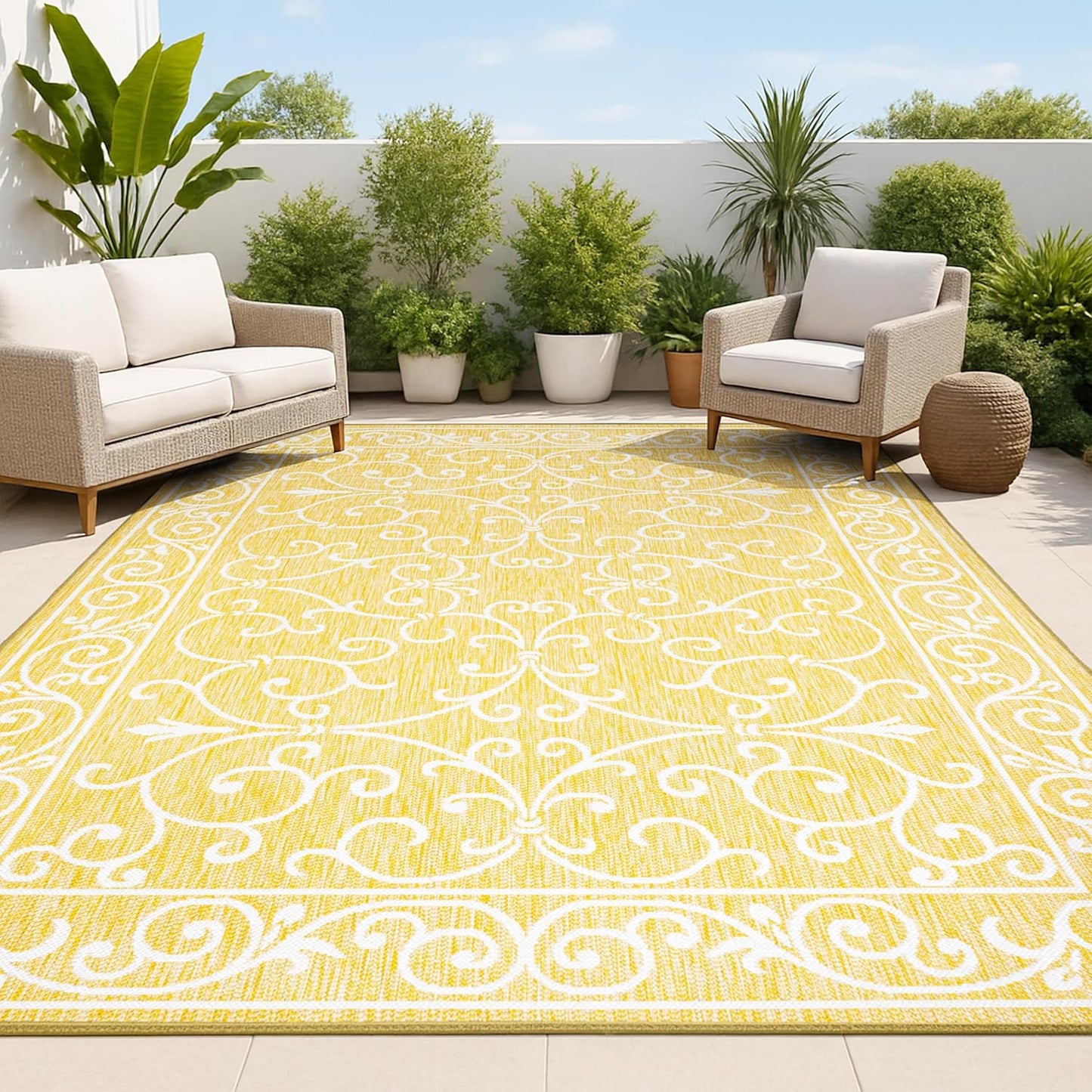 JONATHAN Y Vintage Filigree Indoor Outdoor Area Rug 4X6 Yellow/Cream, Charleston Textured Weave for Backyard, Patio, Porch, Easy-Cleaning, High Traffic, Pet-Friendly, Non-Shedding (SMB106L-4)