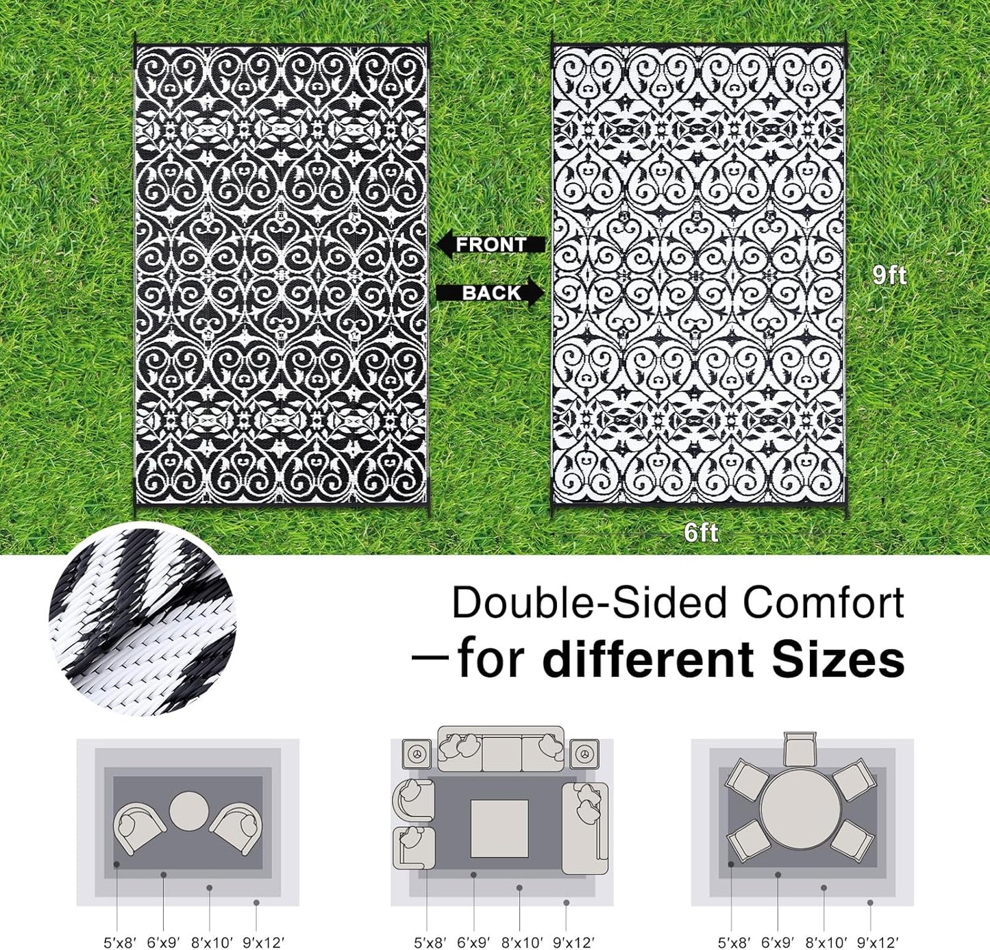 OLANLY Outdoor Rug Waterproof 6x9 ft Clearance, Reversible Outdoor Plastic Straw Rug with Floral Pattern, RV Mat for Patio, Camping, Balcony, Deck, Backyard, Black & White