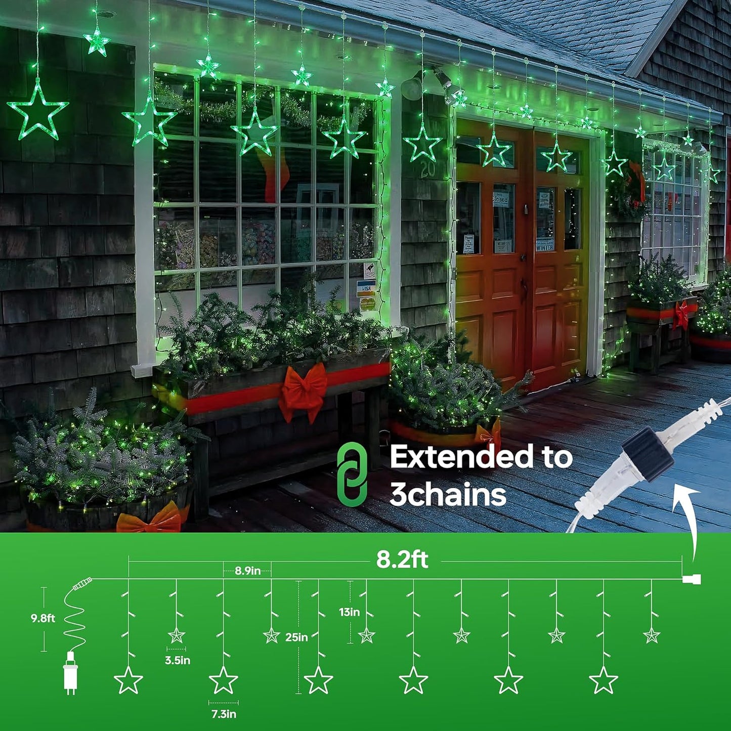 Green Star Icicle Lights,126LED 8.2FT Christmas String Lights with 8 Modes Waterproof,Clear Wire Plug Memory Timer Curtain Lights for St Patrick’s Day Holiday Yard Garden Decorations(Green)