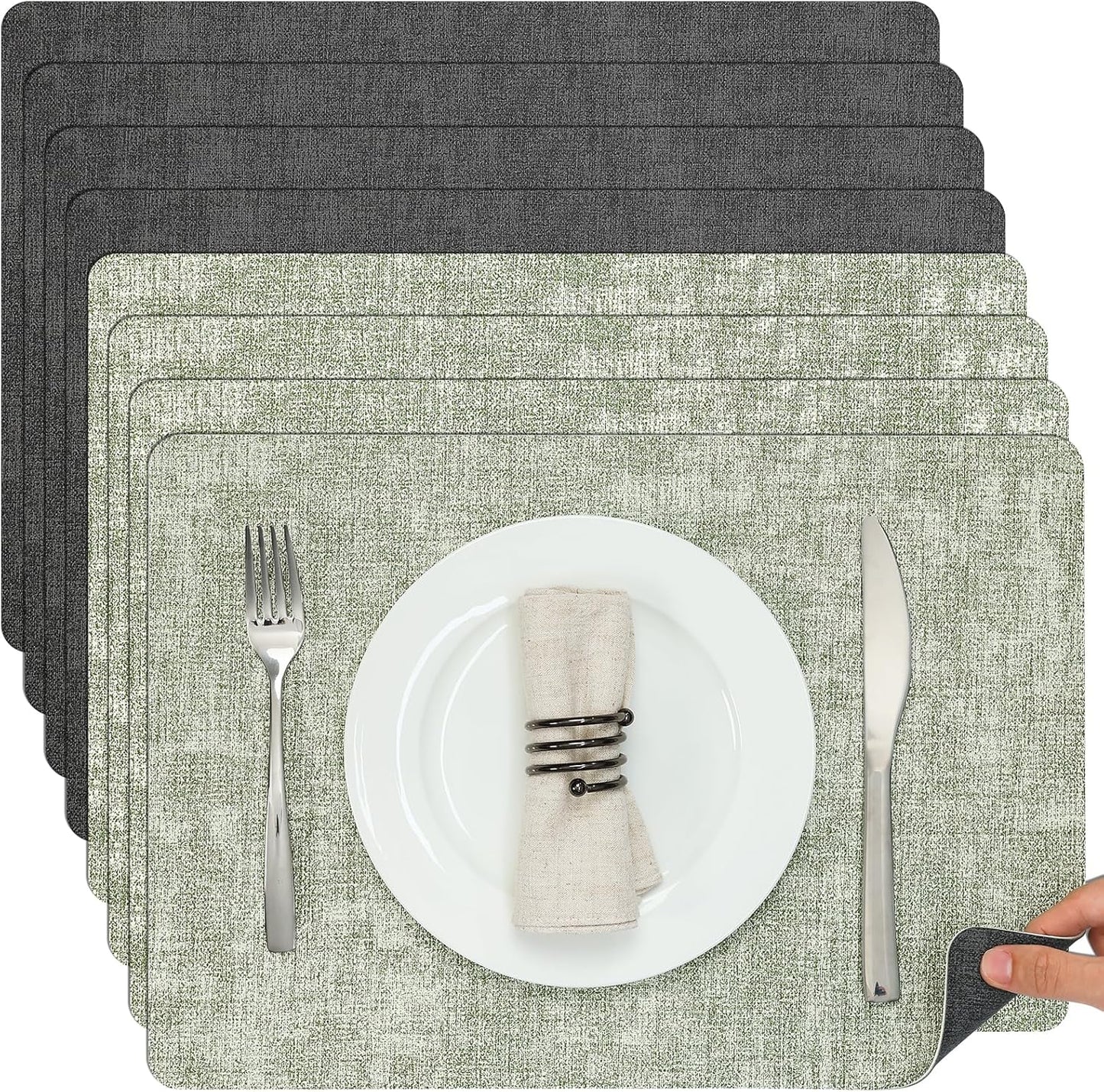 Myir JUN Placemats Dual Sided, Faux Leather Place Mats Set of 8 Indoor Placemats for Dining Table Non-Slip Washable Placemats Heat Resistant Outdoor Table Mats (Set of 8, Gray Grass Green)