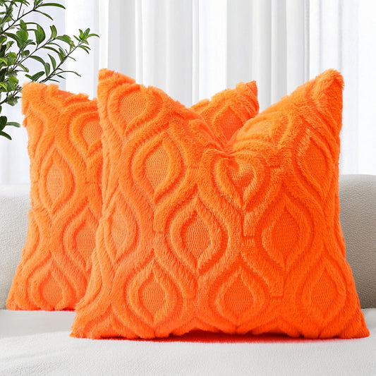 decorUhome Fall Throw Pillow Covers 18x18 Inch Set of 2, Soft Plush Decorative Faux Fur Orange Solid Couch Pillow Covers, Accent Farmhouse Neutral Square Euro Pillow Cases for Sofa Bed Living Room