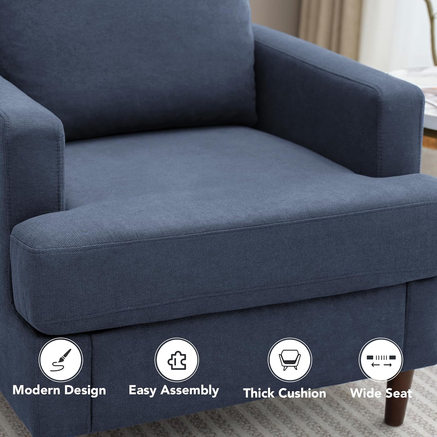 Mid-Century Accent Chair,Modern Linen Fabric Armchair for Living Room,Comfy Upholstered Reading Accent Chairs for Bedroom,Single Sofa Chair with Wood Legs (Blue Grey, 2 Pack)