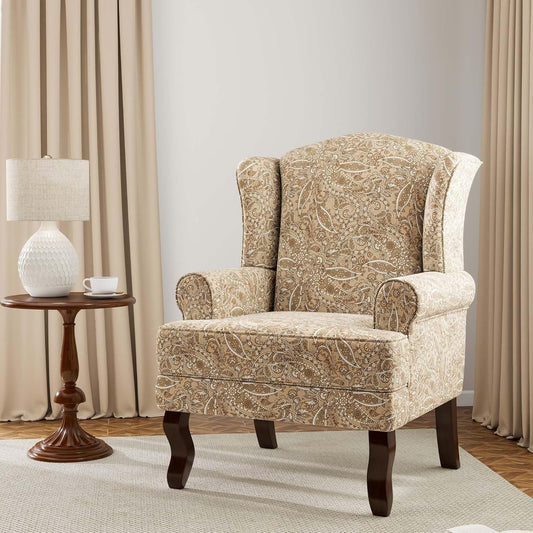 Accent Chair, High Back Upholstered Armchair with High Resilience Sponge & Wood Legs, Mid-Century Modern Comfy Single Sofa Reading Chairs for Living Room, Bedroom (Floral Light Brown, Set of 1)