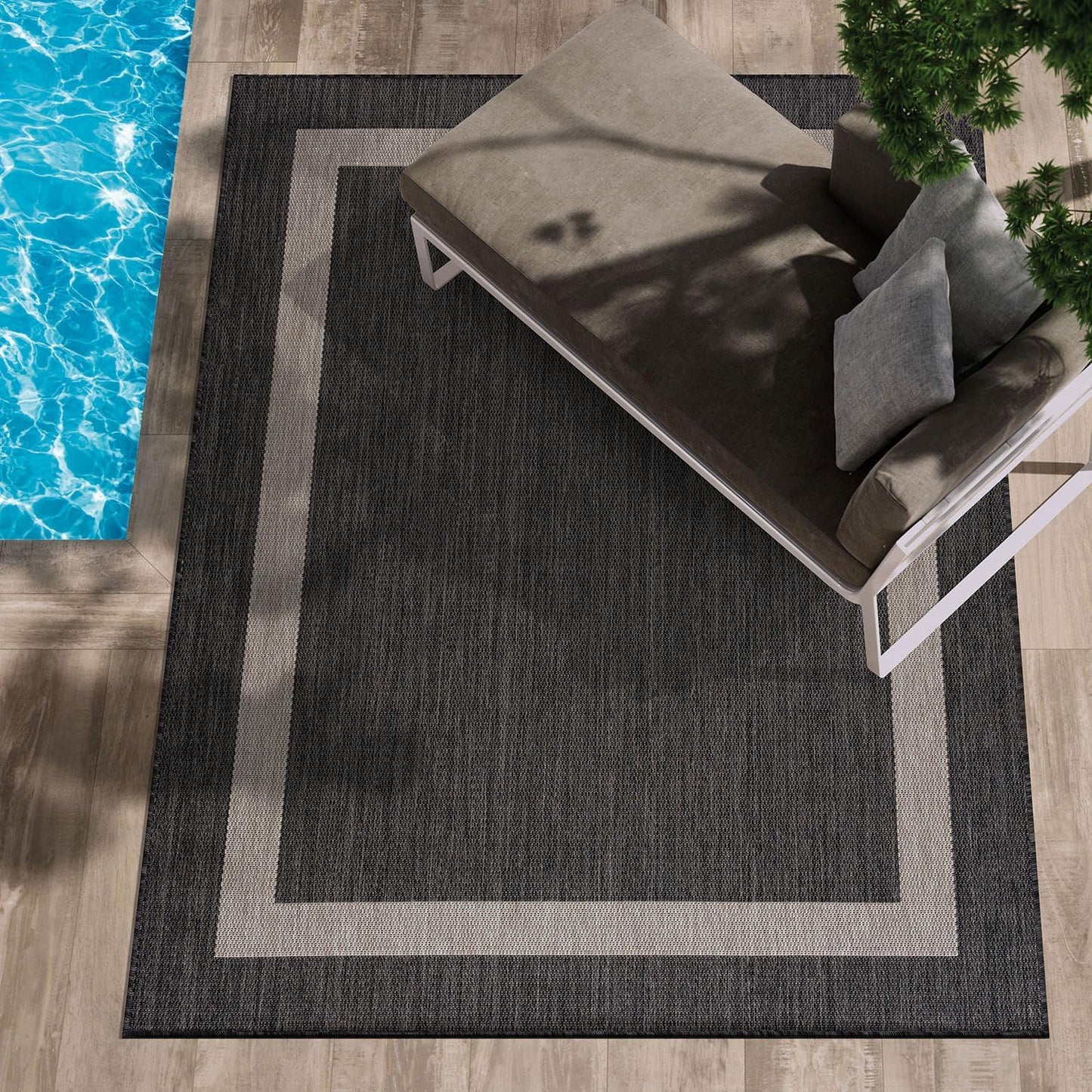 CAMILSON Outdoor Rug 8x10,Modern Outside Rugs for Patios Porches Waterproof Durable Washable Non-Shedding, Easy-to-Clean Indoor Outdoor Area Carpet (8 x 10, Bordered - Dark Gray/Light Gray)