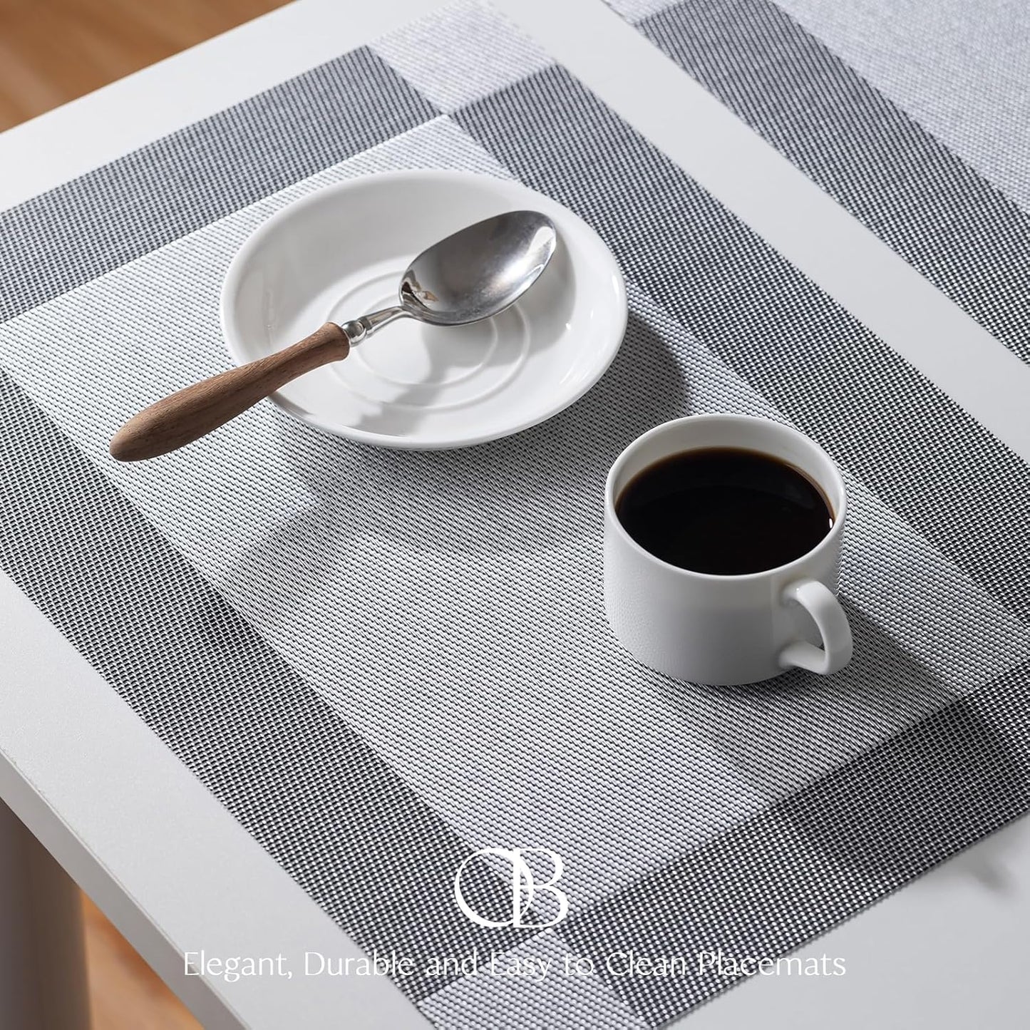 Placemats Set of 12 - Easy Clean Woven Vinyl Placemats for Dining Table, Indoor/Outdoor Place Mats, Washable PVC Table Mats （Silver Cube）
