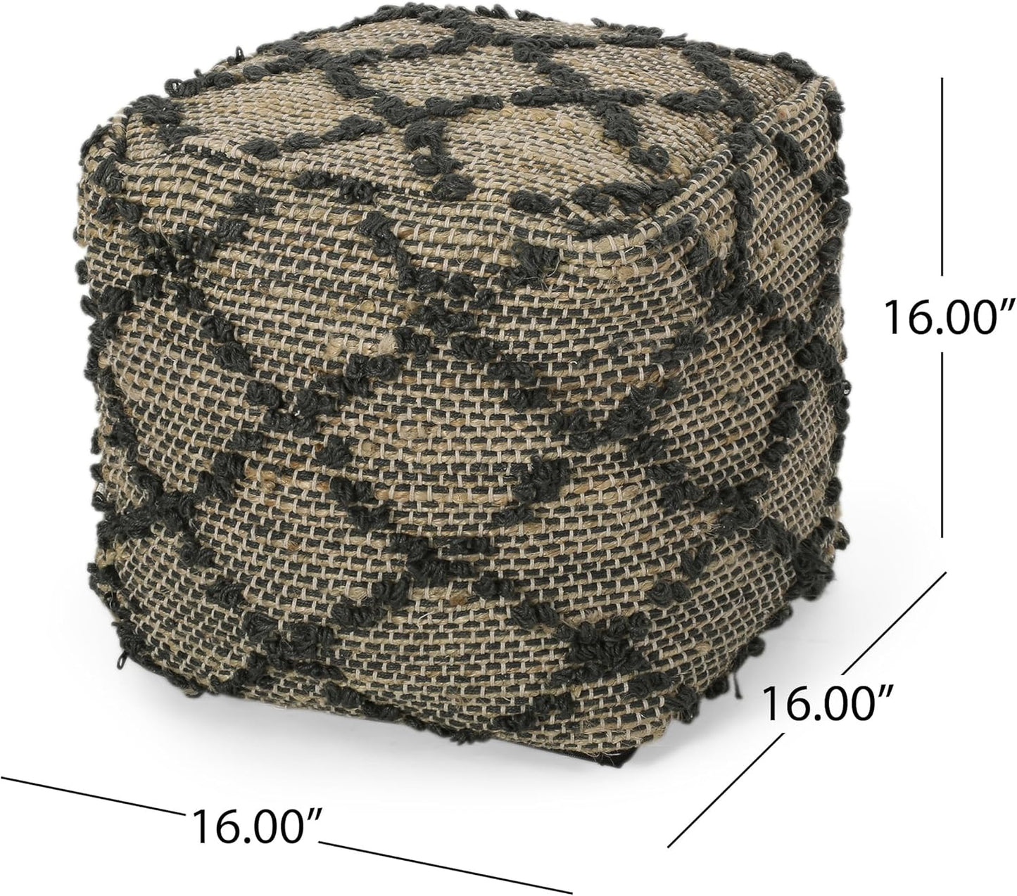 GDFStudio Boho Handmade Fabric Cube Pouf Ottoman Foot Stool - Bean Bag Floor Chair - Foot Rest Couch for Living Room Bedroom,Charcoal,16"" x 16"" x 16"", Cimarro,charcoal, 313838N