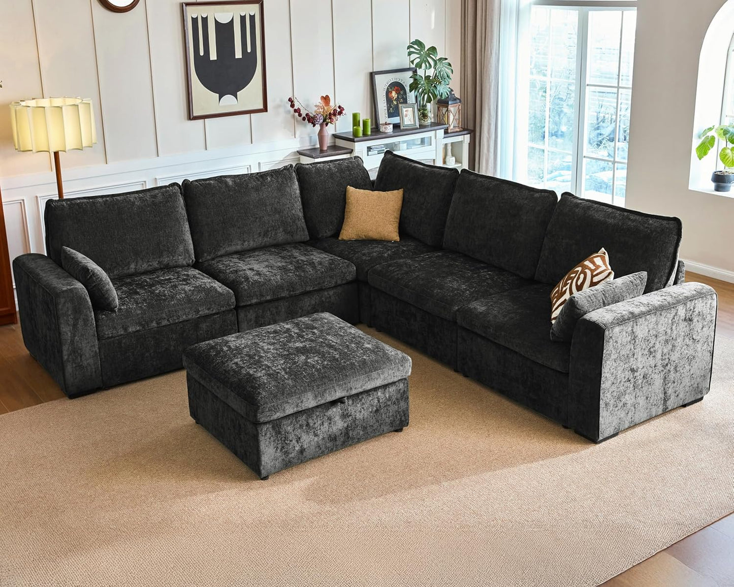 Oversized Modular Sofa Comfy Cloud Couch with Storage, Extra Deep Plush Sectional Sofa Set for Living Room, Covers Washable, Chenille, Olar (Black, 6-seatser with Corner & Ottoman, v-Shaped)