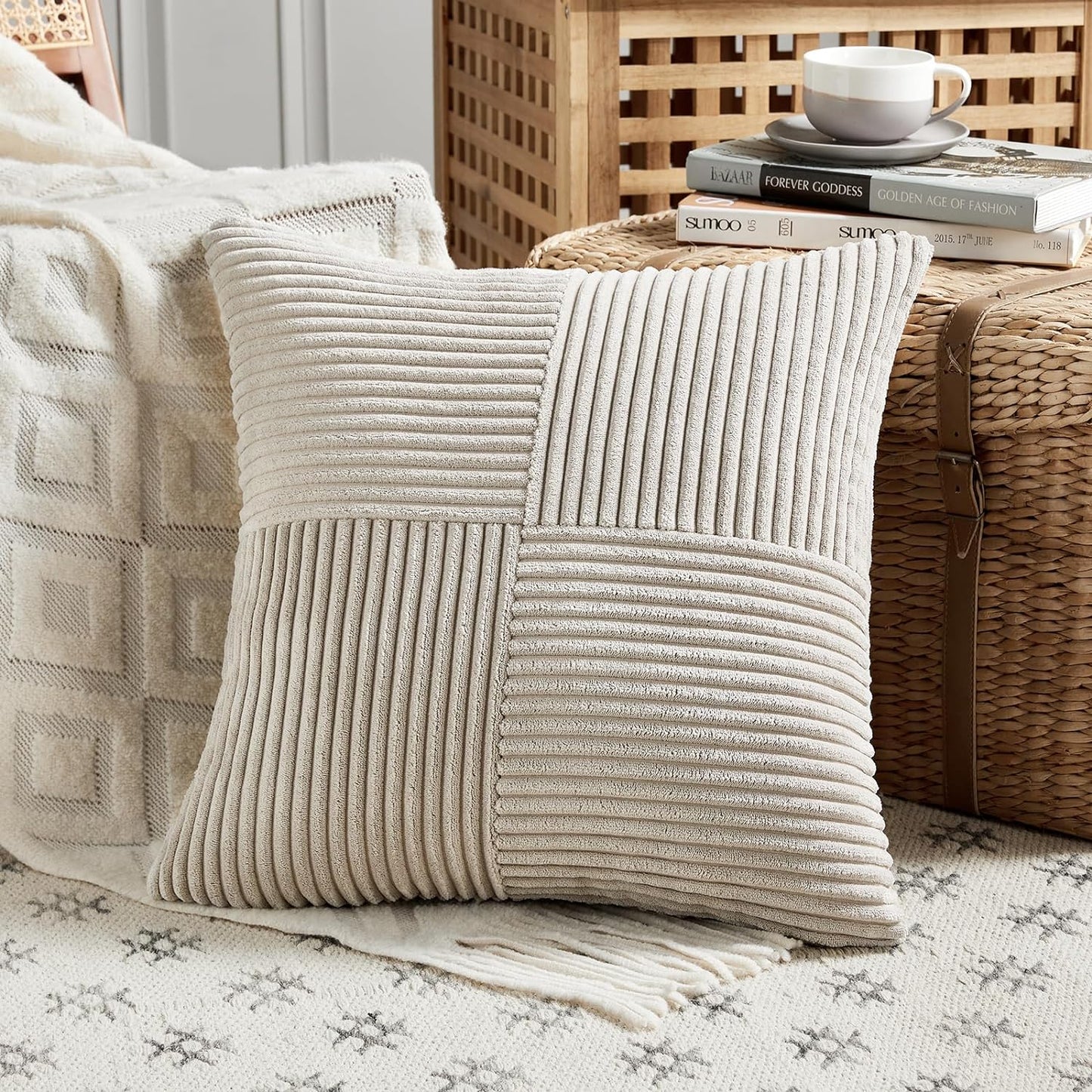 Fancy Homi 2 Packs Neutral Taupe Decorative Throw Pillow Covers 18x18 Inch for Living Room Couch Sofa, Rustic Farmhouse Boho Home Decor, Soft Corss Corduroy Patchwork Textured Square Cushion Case 45cm