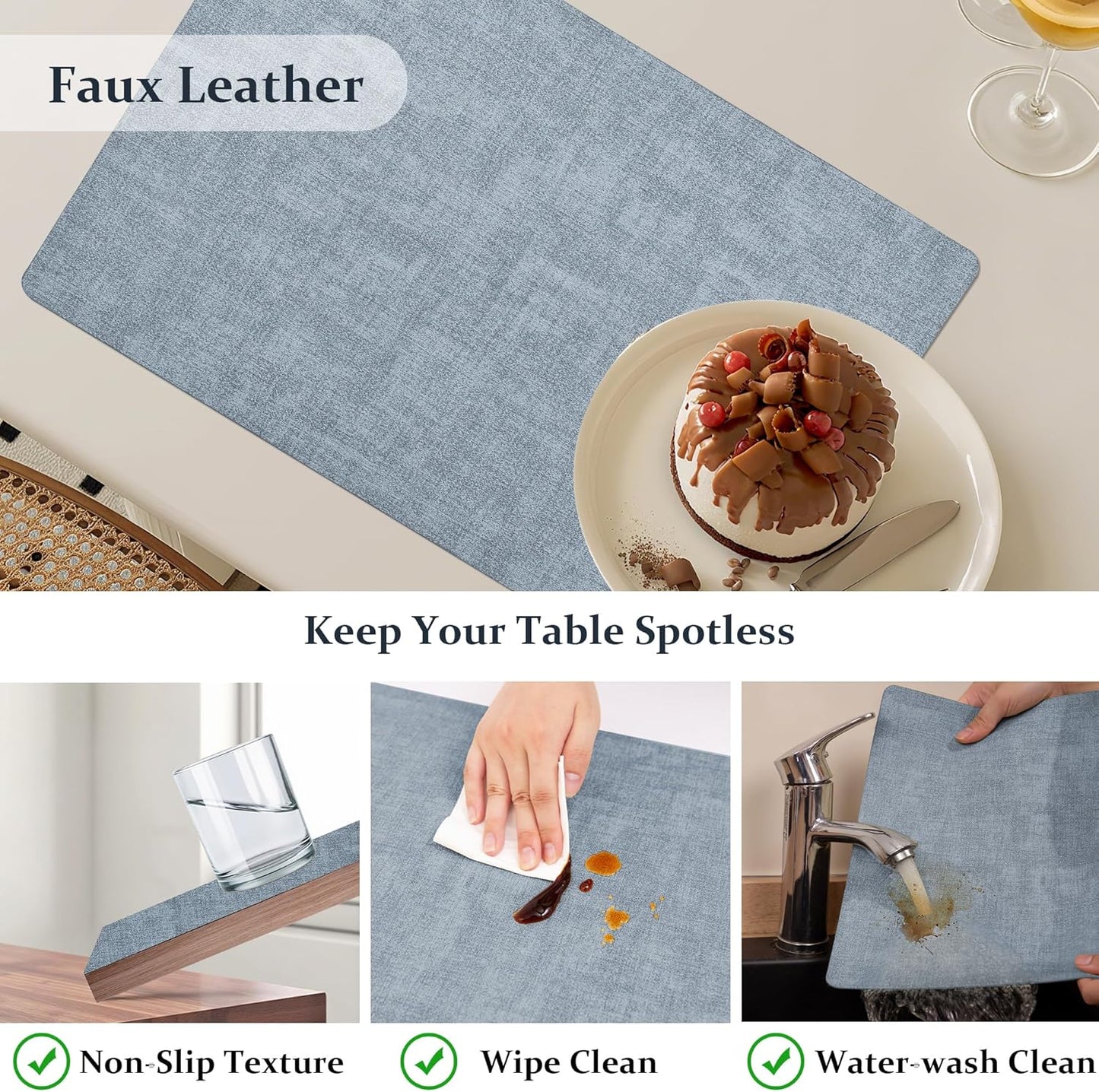 FROMHEART Faux Leather Placemats Set of 8–Waterproof,Heat/Oil Stain-Resistant PU Table Mat–Reversible,Non-Slip,Easy to Clean Place Mats for Kitchen,Dining,Indoor/Outdoor,(Light Blue,11.8" x 17")