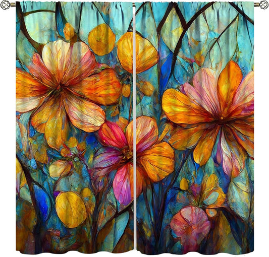 Stained Glass Curtains,Magic Forest Colorful Flowers Abstract Art Home Decor Drapes for Bedroom Living Room Kitchen Window Treatment 2 Panels Set Total Size 63" W X 63" L Inch