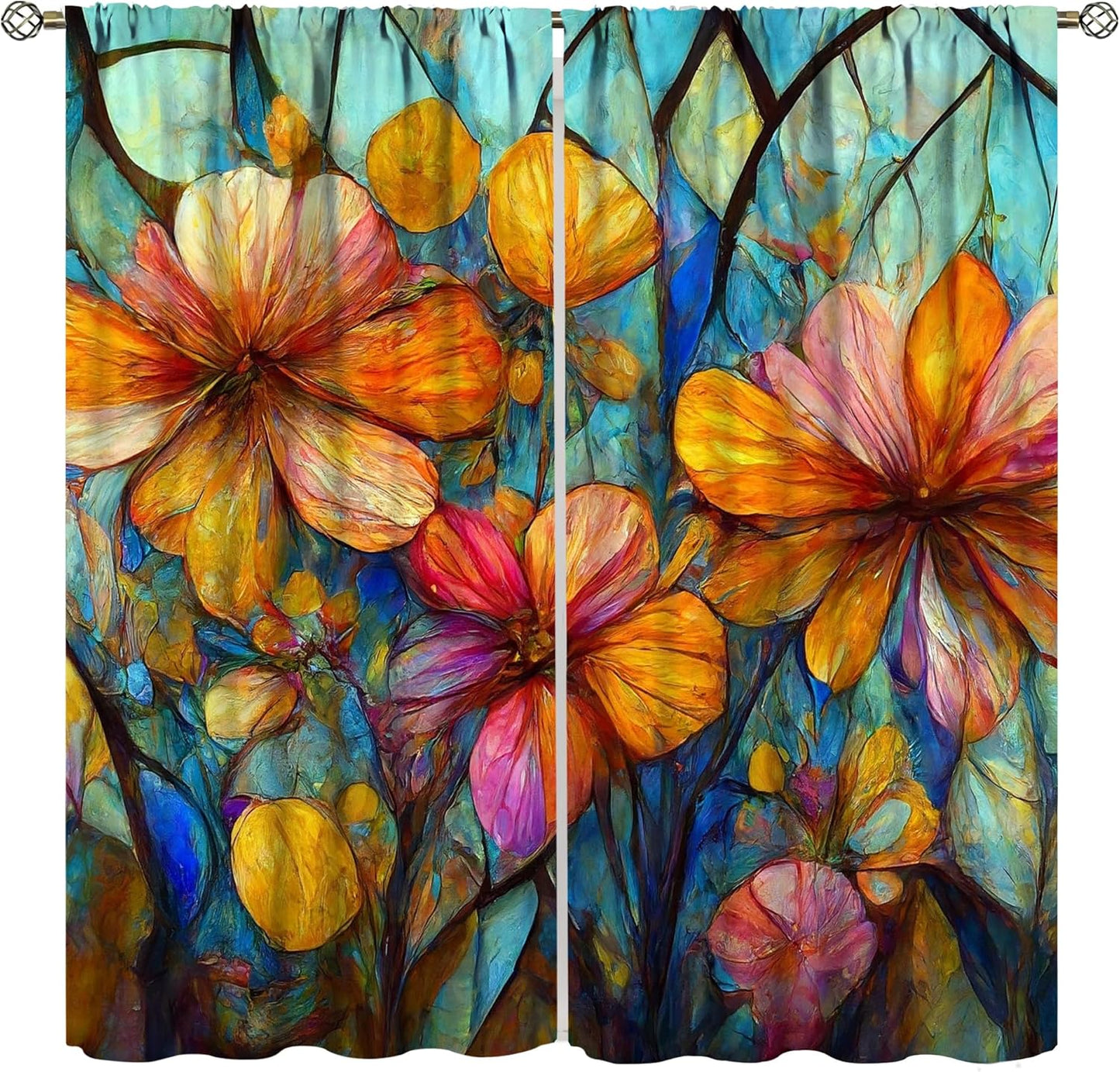 Stained Glass Curtains,Magic Forest Colorful Flowers Abstract Art Home Decor Drapes for Bedroom Living Room Kitchen Window Treatment 2 Panels Set Total Size 84" W X 84" L Inch