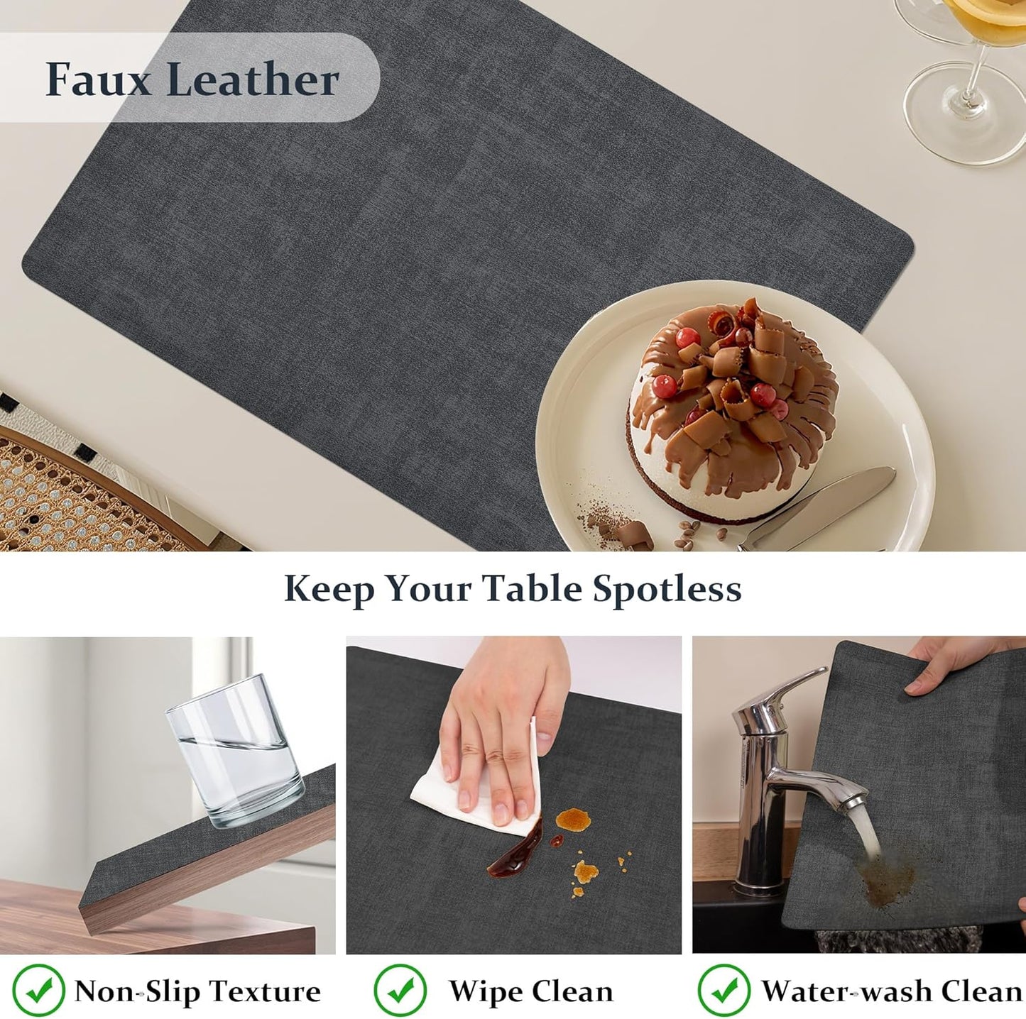 FROMHEART Faux Leather Placemats Set of 8–Waterproof,Heat/Oil Stain-Resistant PU Table Mat–Reversible,Non-Slip,Easy to Clean Place Mats for Kitchen,Dining,Indoor/Outdoor,(Dark Grey,11.8" x 17")