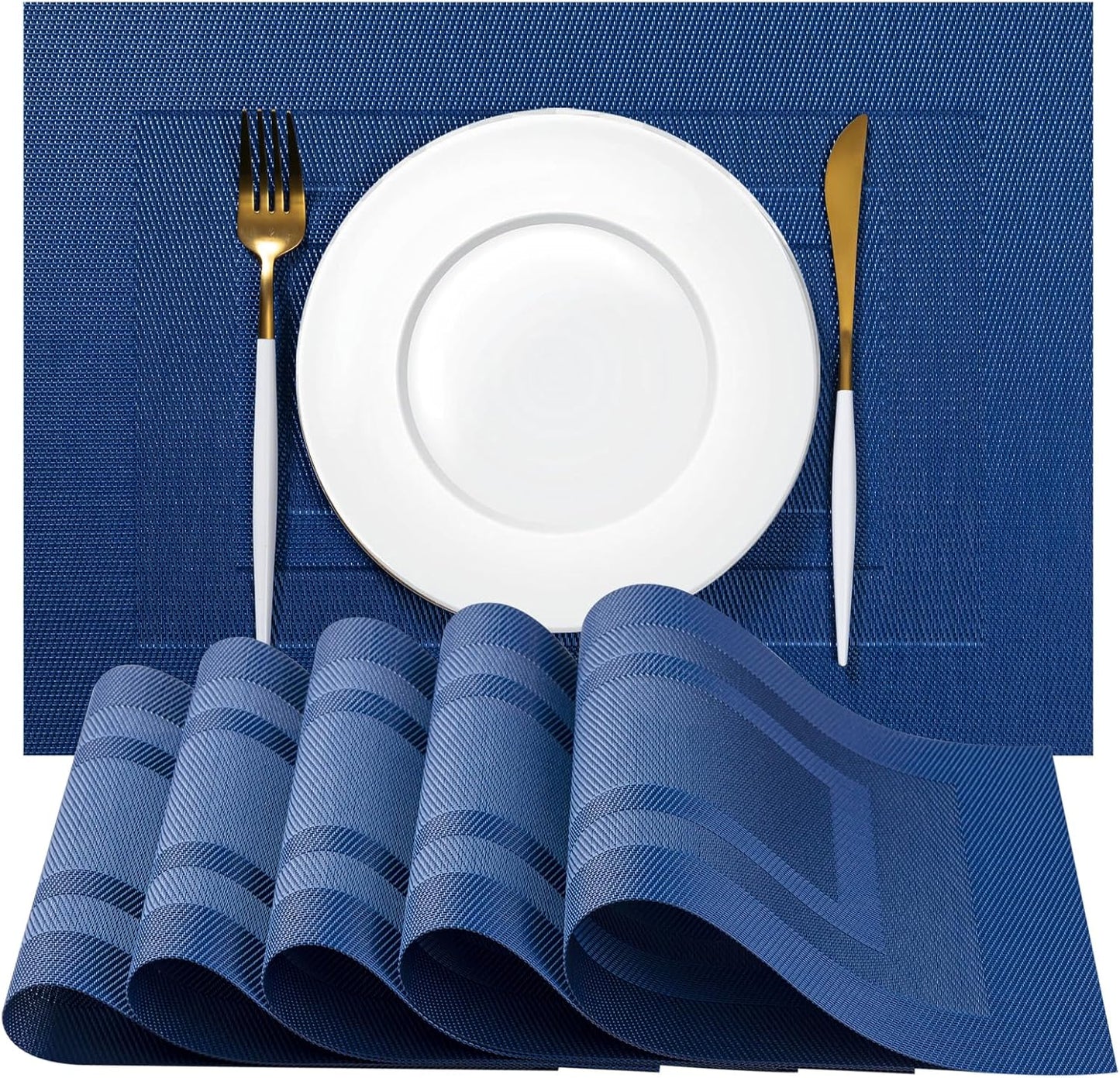Placemats Set of 6 - Easy Clean Woven Vinyl Placemats for Dining Table, Indoor/Outdoor Place Mats, Washable PVC Table Mats（Navy Cube）