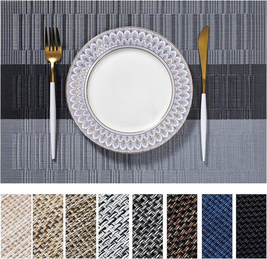 LEXMORE PlaceMats Set of 12 Vinyl/Plastic Woven Place Mats for Kitchen Table Indoor/Outdoor Washable PlaceMat Wipeable Dining Table Mats(Silver Gray Black)