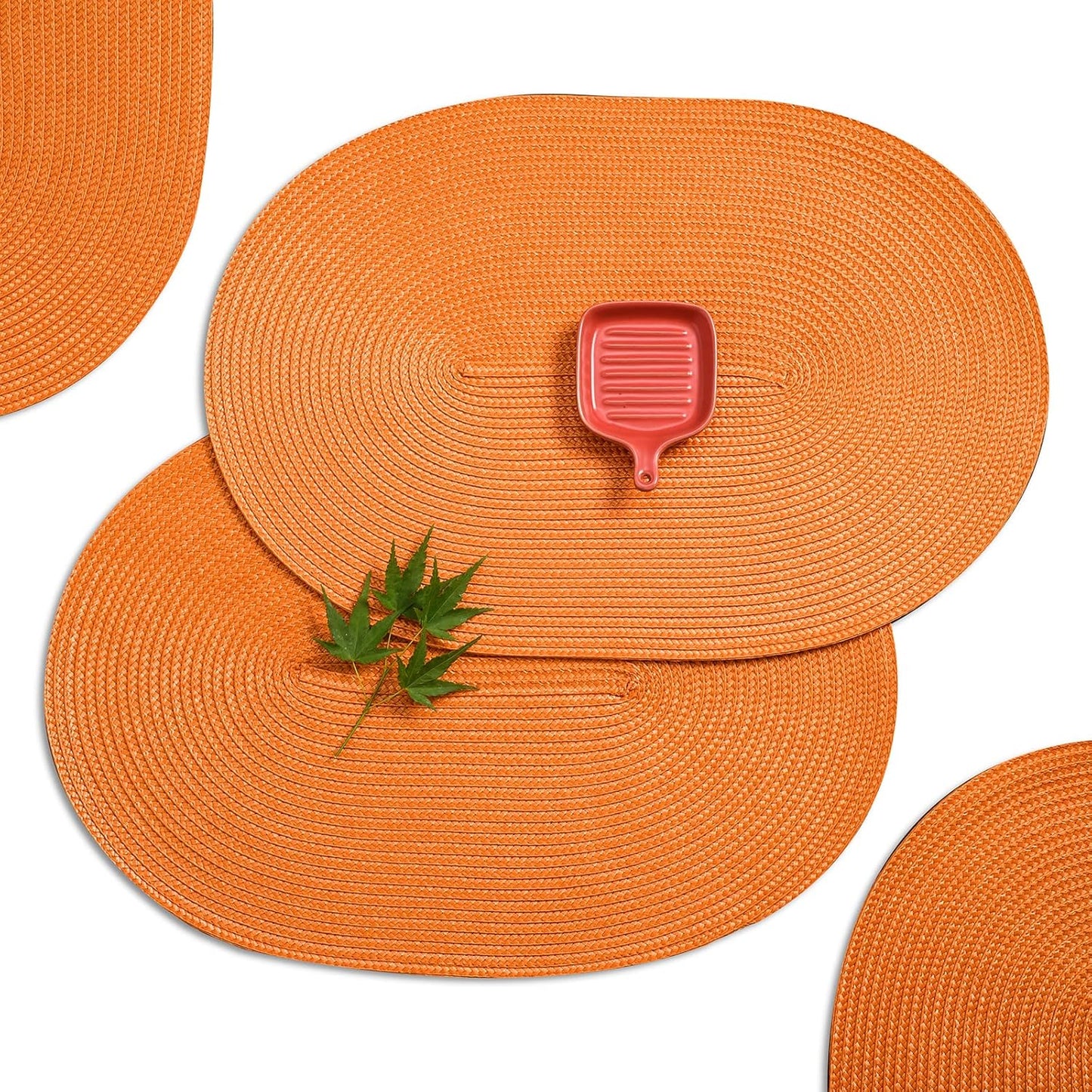 AHHFSMEI Placemats Set of 4 for Dining Table Washable Woven Vinyl Non-Slip 18x12 inches Placemat Heat-Resistant Durable Table Mats for Dining Table Easy to Clean (Oval Orange, 4)