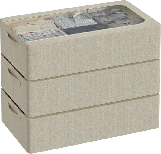 3PCS Under Bed Storage Bins with Metal Frame, Linen Fabric Frame Storage Box Clothes Organizer Bins, Underbed Container with Clear Window (Beige, 23.6 x 13 x 6IN)