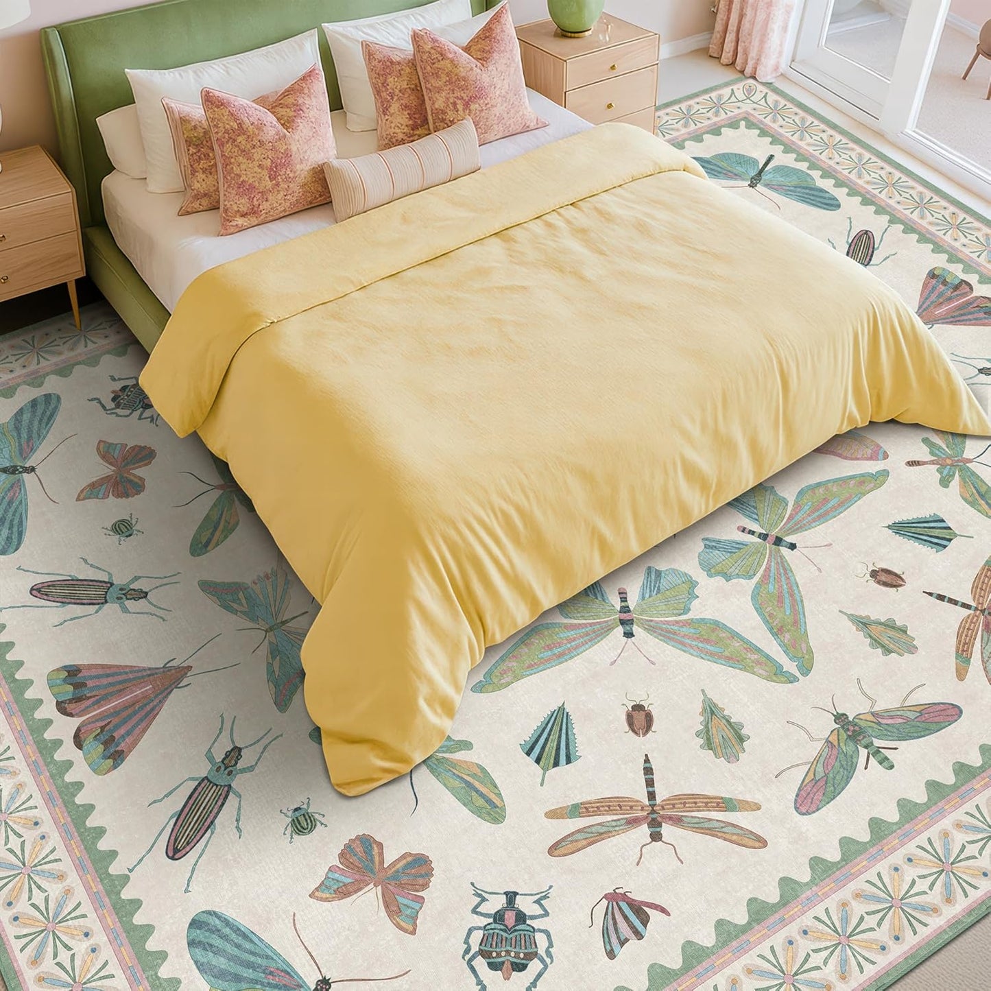 Green Butterfly Rugs for Girls Bedroom - 8x10 Floral Area Rug for Living Room, Dining Room Under Kichen Table, Washable Lightweight Insect Print Large Carpet Indoor