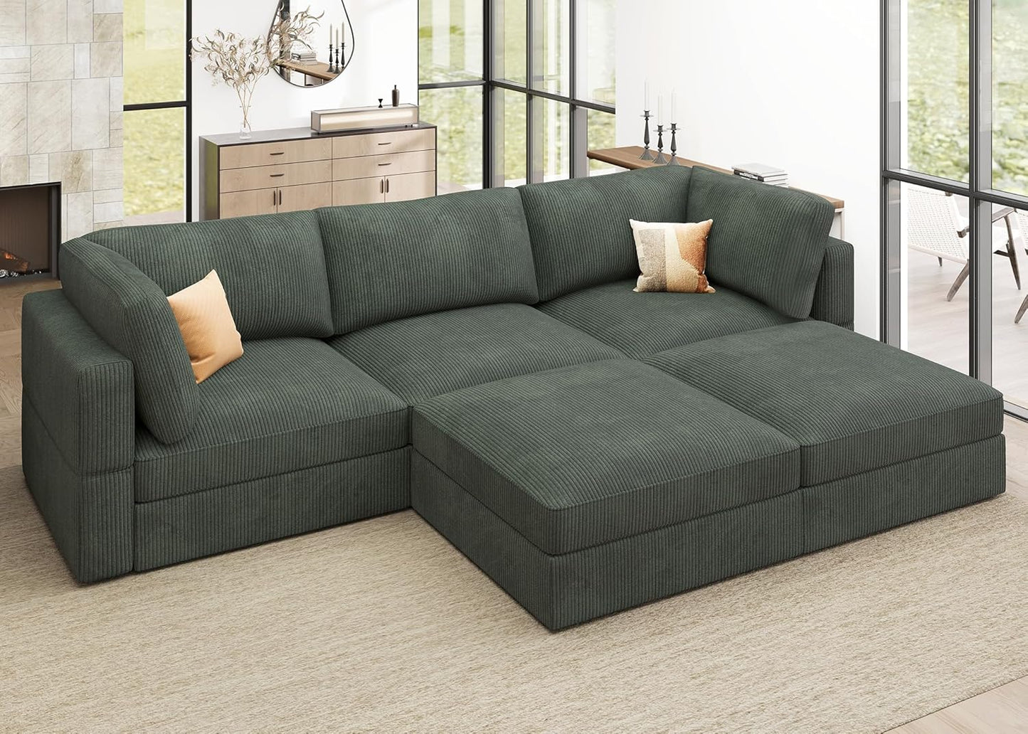 HONBAY Modular Sectional Sofa with Storage Corduroy U Shaped Sofa Modular Sectional Couches for Living Room,Green