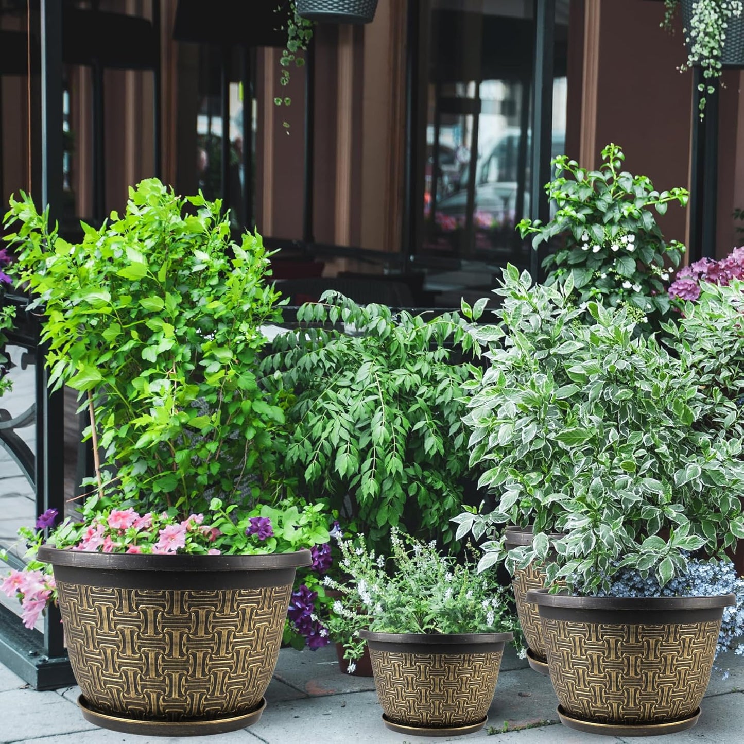 4 Pack 12 Inch Plant Pots,Large-Plant-Flower-Planters-Plastic, Flower Pots Outdoor Indoor with Drainage Holes & Trays, Retro Antique Imitation Decorative Garden Sets for Houseplants