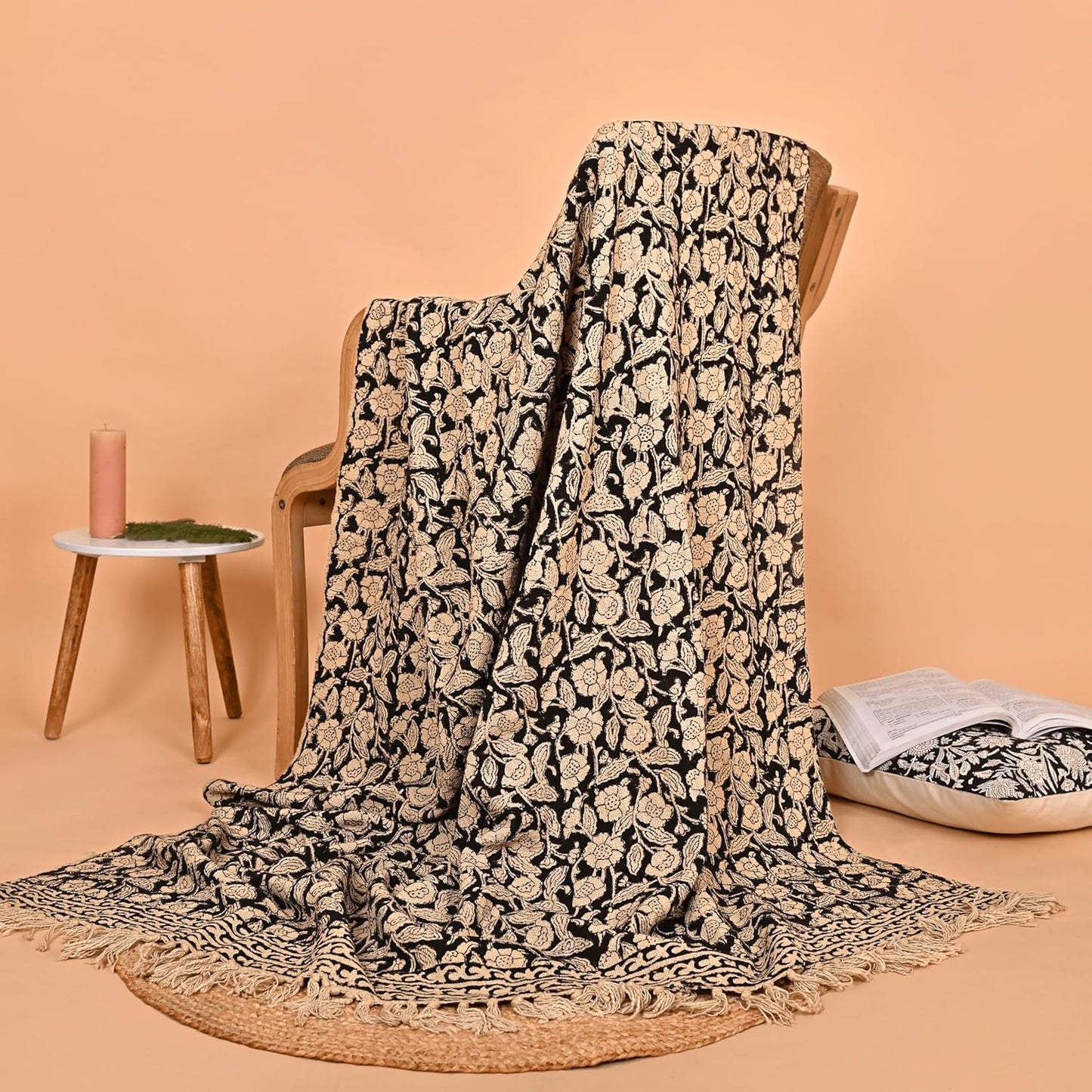 Handmade Cotton Throw Blanket, Floral Block Print, Black and Beige Wrap, 47x71 inches Decorative Woven Throw with Tassels
