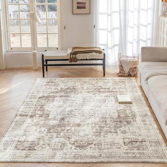 6'x9' Area Rug - Vintage Persian Medallion Design Low-Pile Faux Wool Rug, Non-Slip Backing, Machine Washable, for Living Room, Dining Room, Bedroom (Cream/Taupe)