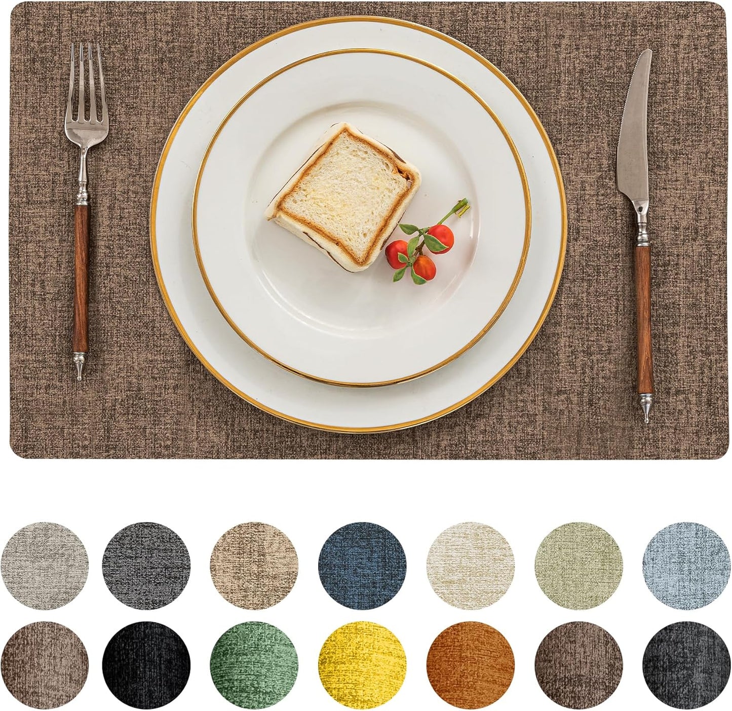 Romanstile Vinyl Placemats Set of 8-12 X 18 Inch - Heat Resistant Place Mats 100% Waterproof Oilproof Wipeable Reversible Faux Leather Table Mats for Kitchen/Dining/Party/Outdoor, Brown