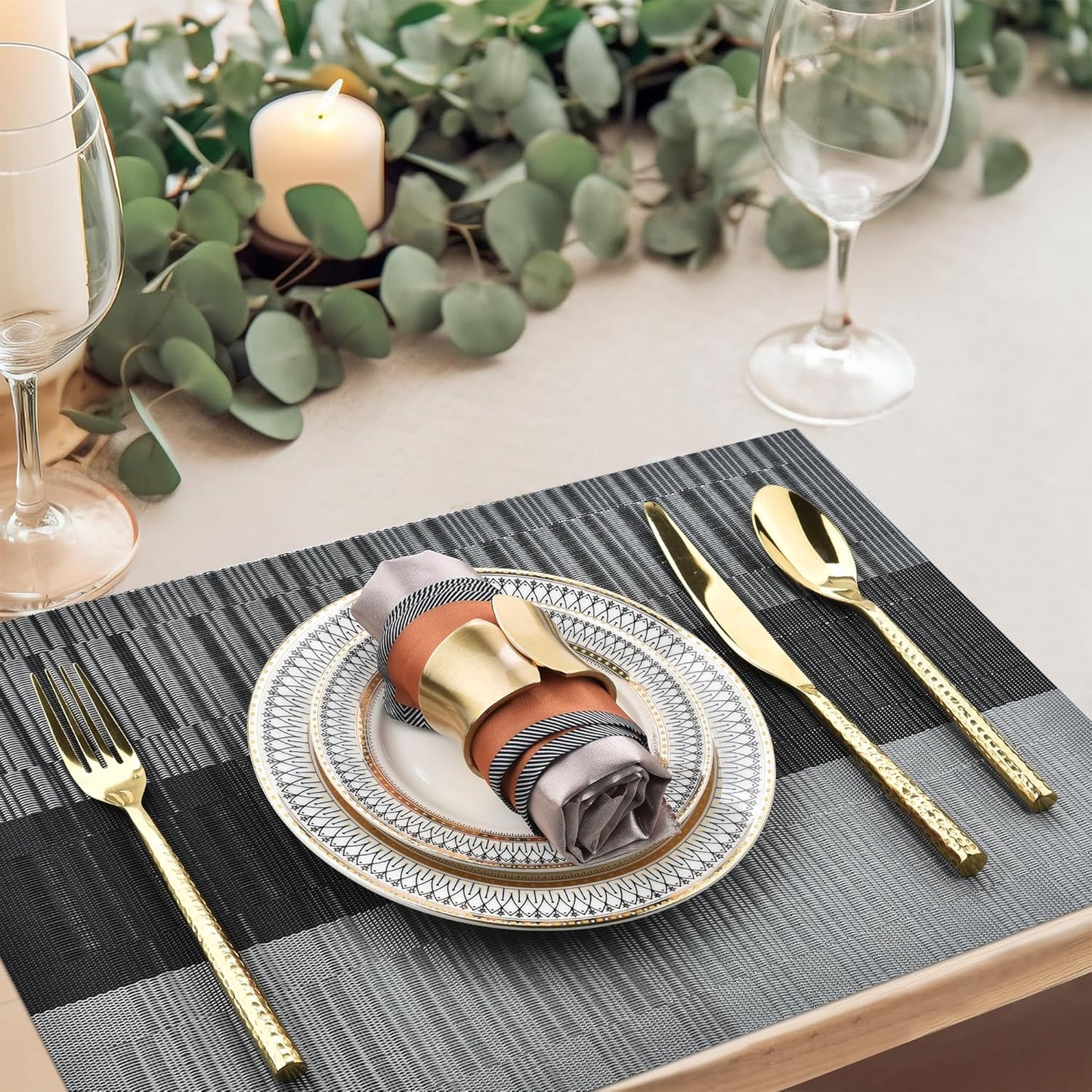 Placemats Set of 8 - Easy Clean Washable Vinyl Placemats - Heat Resistant Placemats for Kitchen Table - PVC Table Mats for Dining Table (Black and Gray, 8)