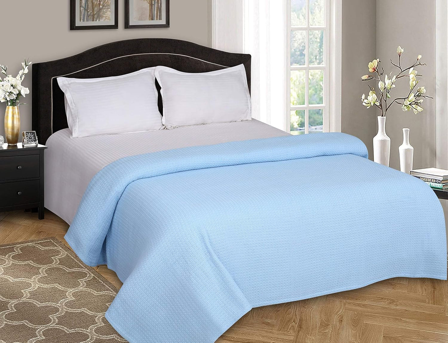 Elvana Home 100% Cotton Bed Blanket, Breathable Bed Blanket Twin Size, Cotton Thermal Blankets Twin, Perfect for Layering Any Bed for All Season, Light Blue