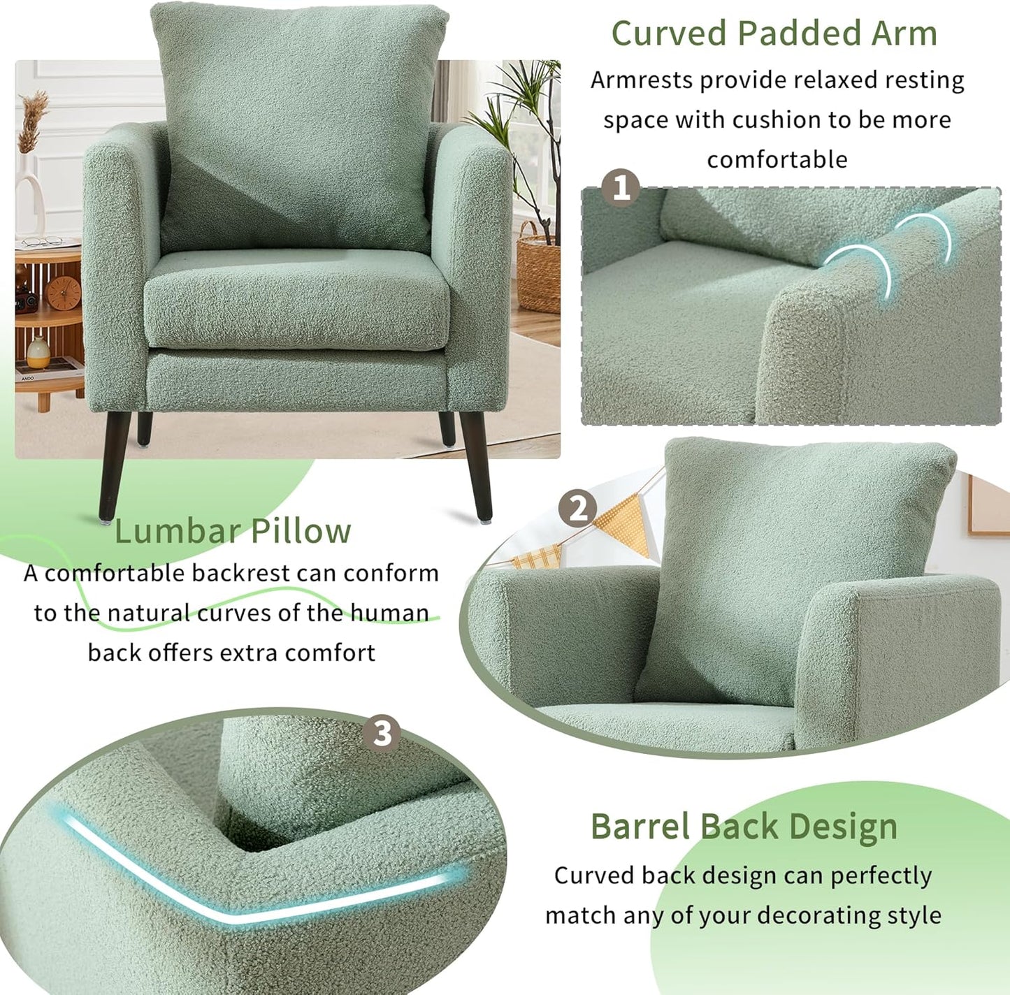 Barrel Accent Chair with Back Pillow, Large Teddy Upholstered Armchair with Solid Wood Legs Modern Reading Chairs for Living Room Bedroom