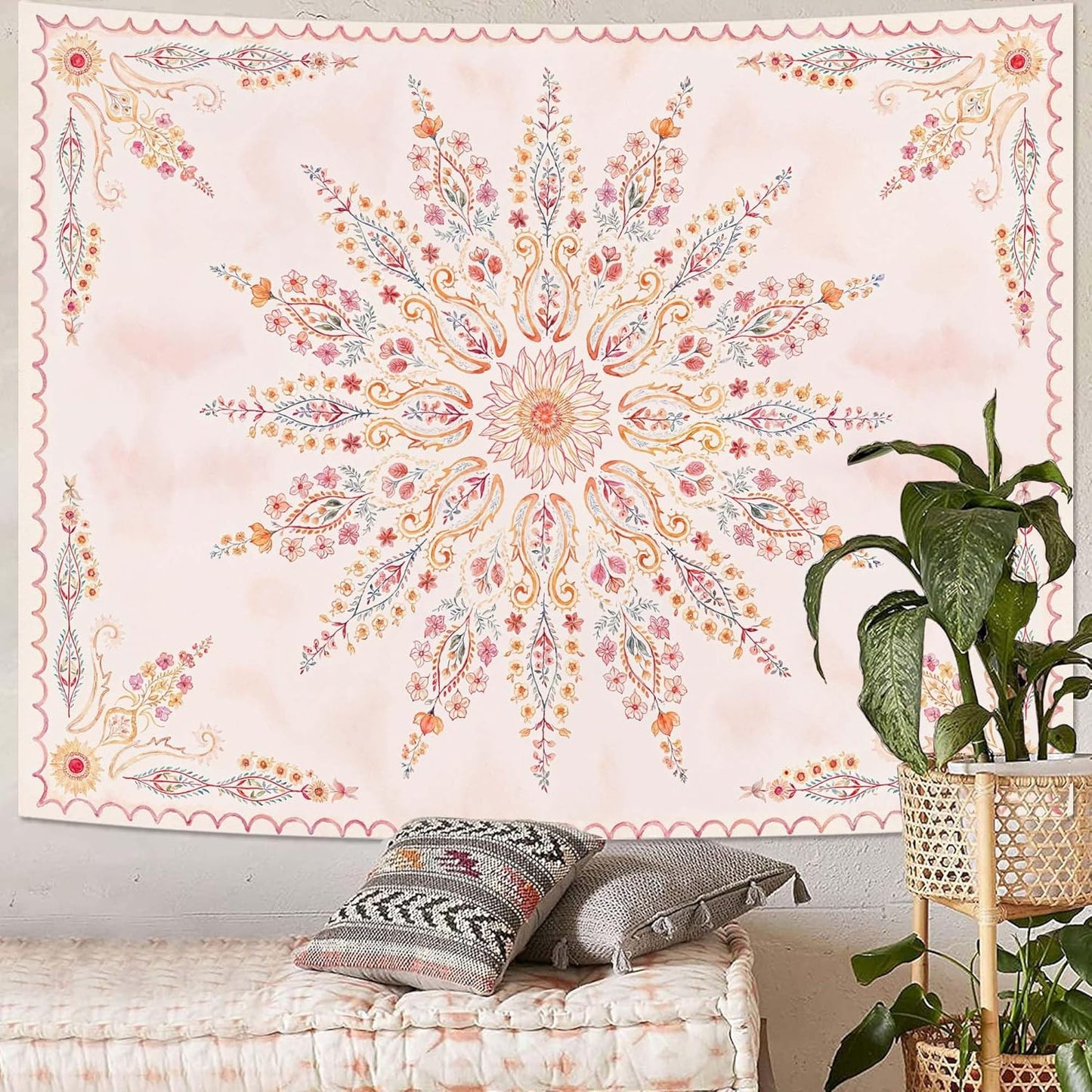Fowocu Boho Floral Mandala Tapestry for Bedroom Aesthetic Pink Bohemian Flower Wall Tapestry Watercolor Hippie Indian Large Tapestries Wall Hanging for Living Room Dorm Decor 80 x 60 Inch