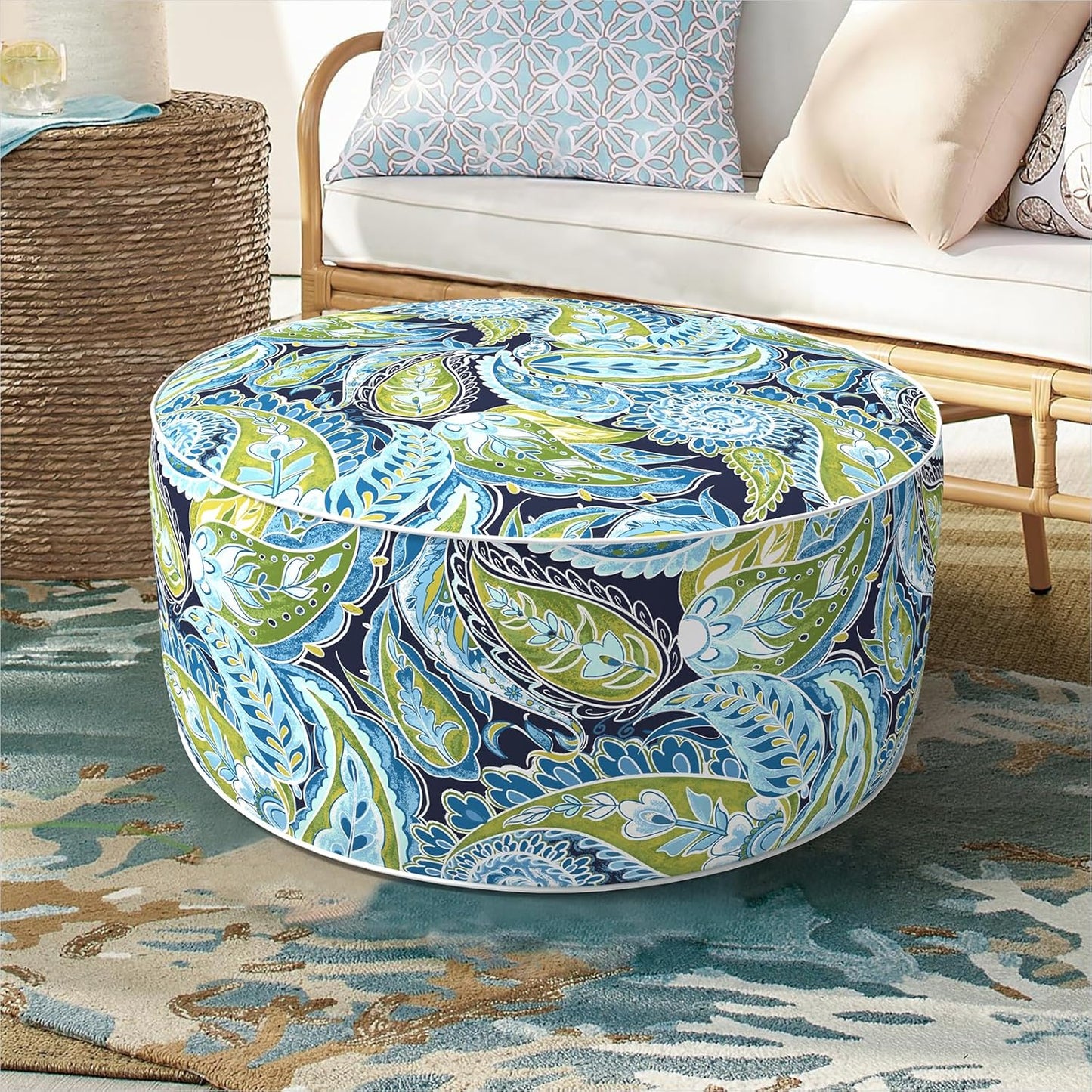 Inflatable Ottoman Stool D21 xH9 for Outdoor/Indoor Use, Water Repellent Patio Foot Rest with Portable Handle,Round Pouf Ottoman Suitable for Garden,Deck and Camping - Paisley Lapis Green